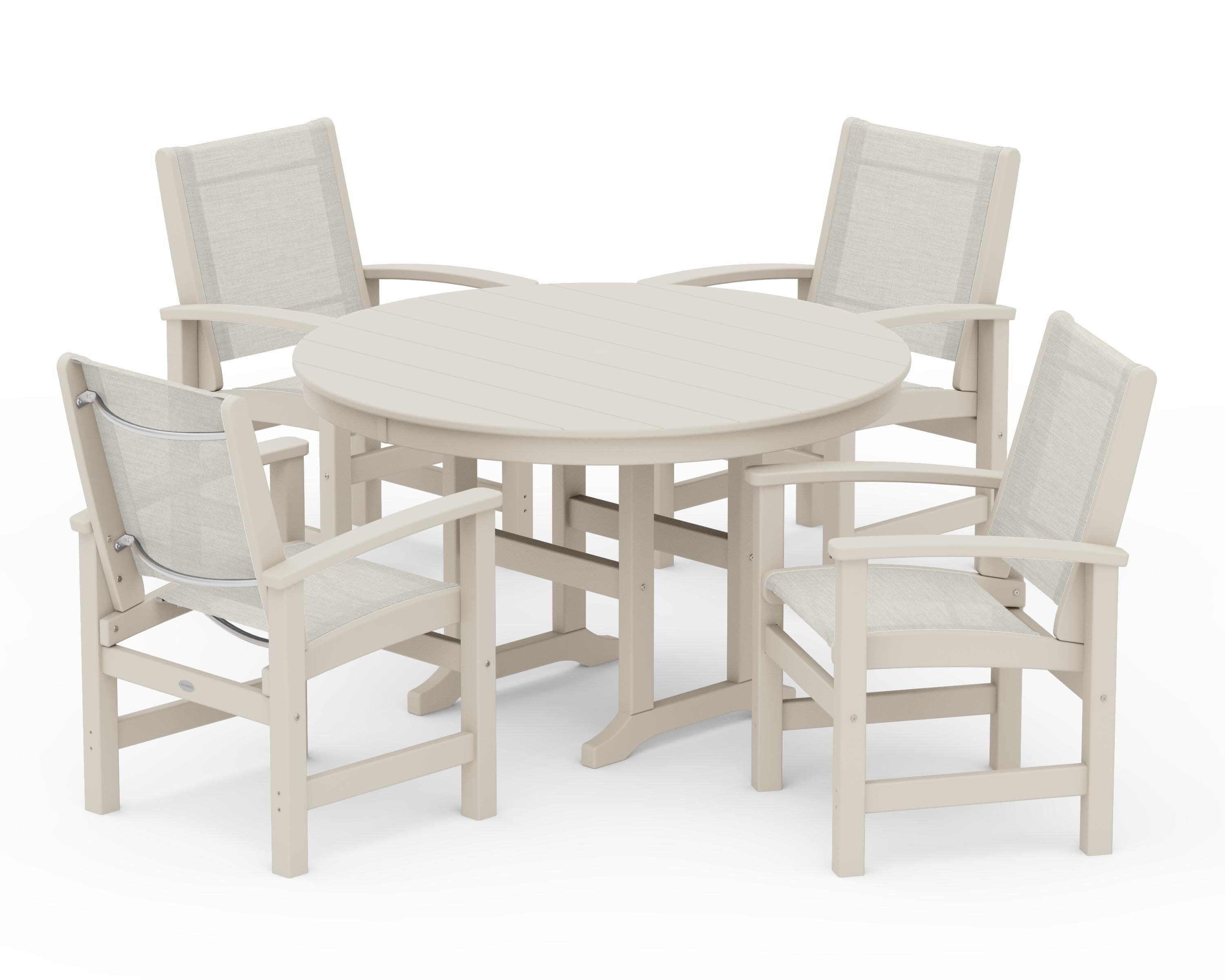 Coastal 5-Piece Round Farmhouse Dining Set in Sand / Parchment Sling