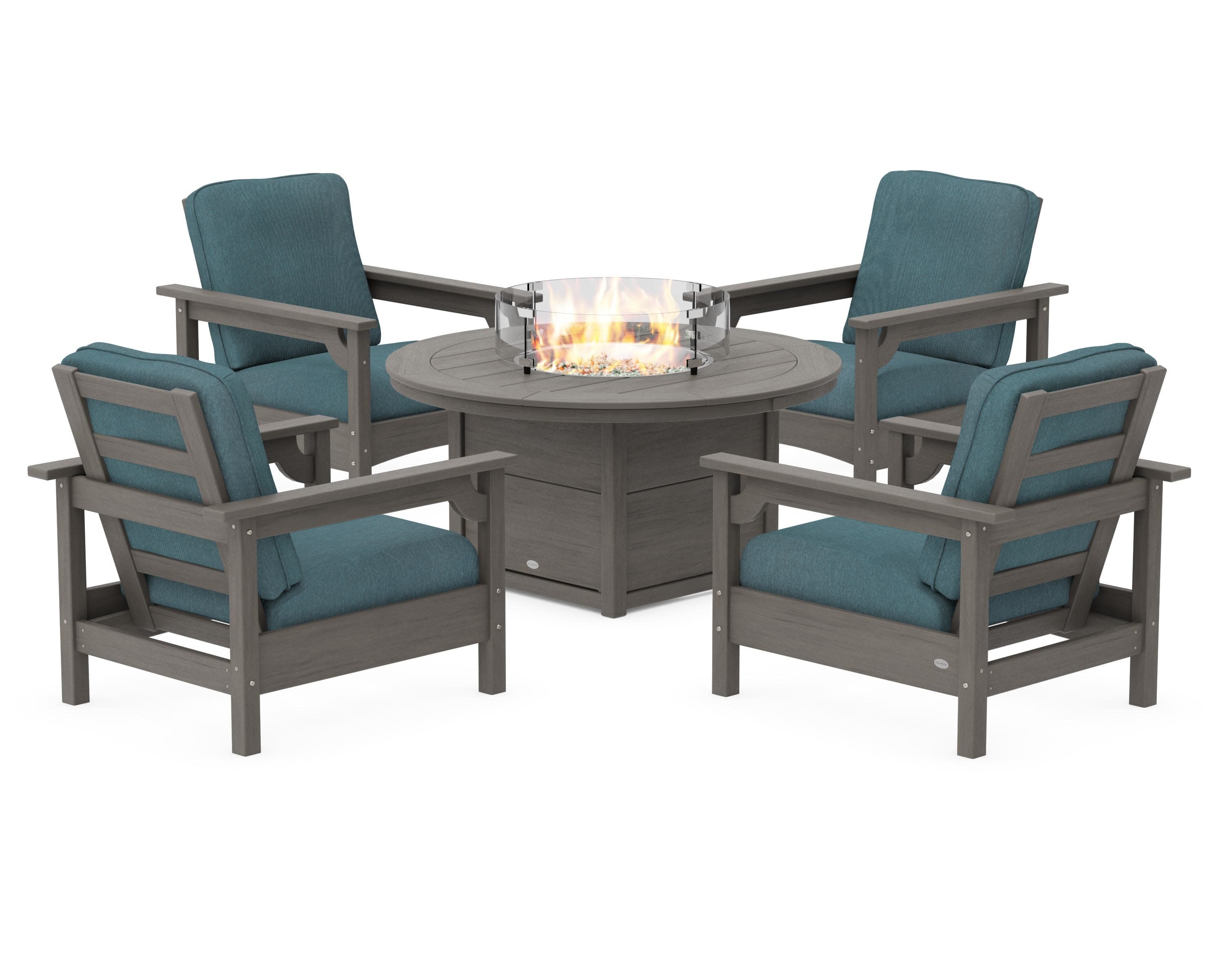 Club 5-Piece Conversation Set with Fire Pit Table in Driftwood / Ocean Teal