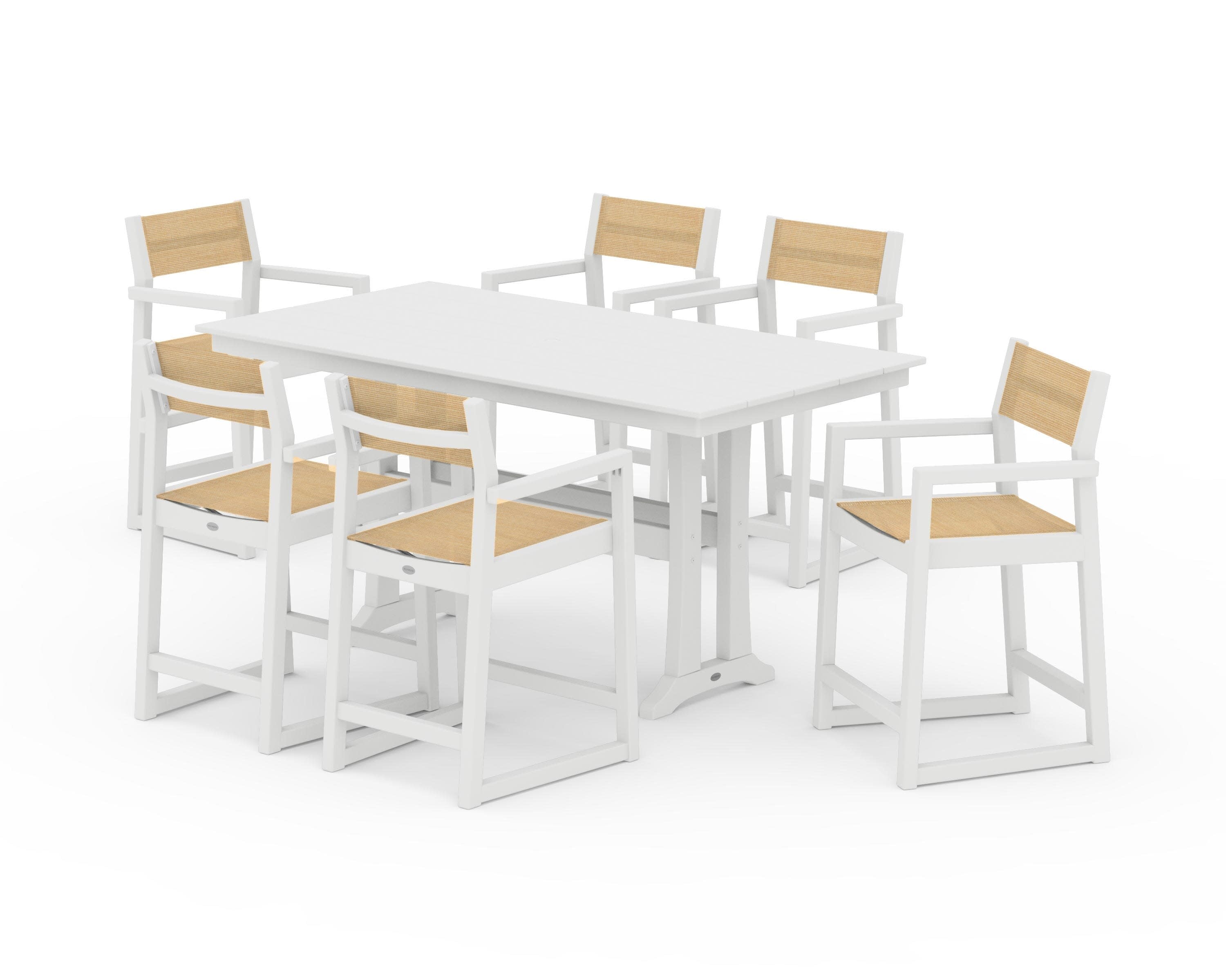 EDGE Sling Arm Chair 7-Piece Farmhouse Counter Set with Trestle Legs in White / Dupioni Apricot Sling