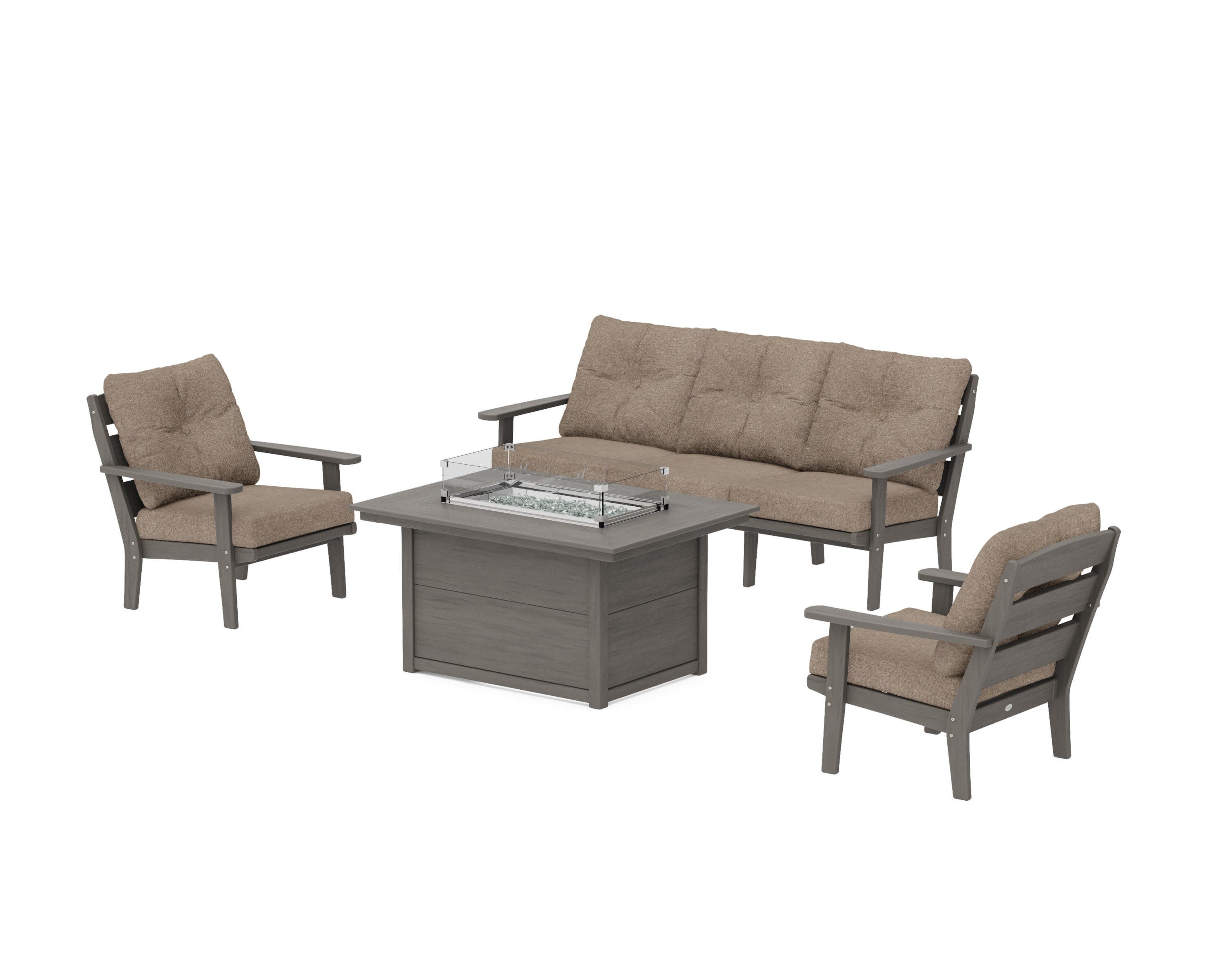 Lakeside Deep Seating Fire Pit Table Set in Driftwood / Spiced Burlap