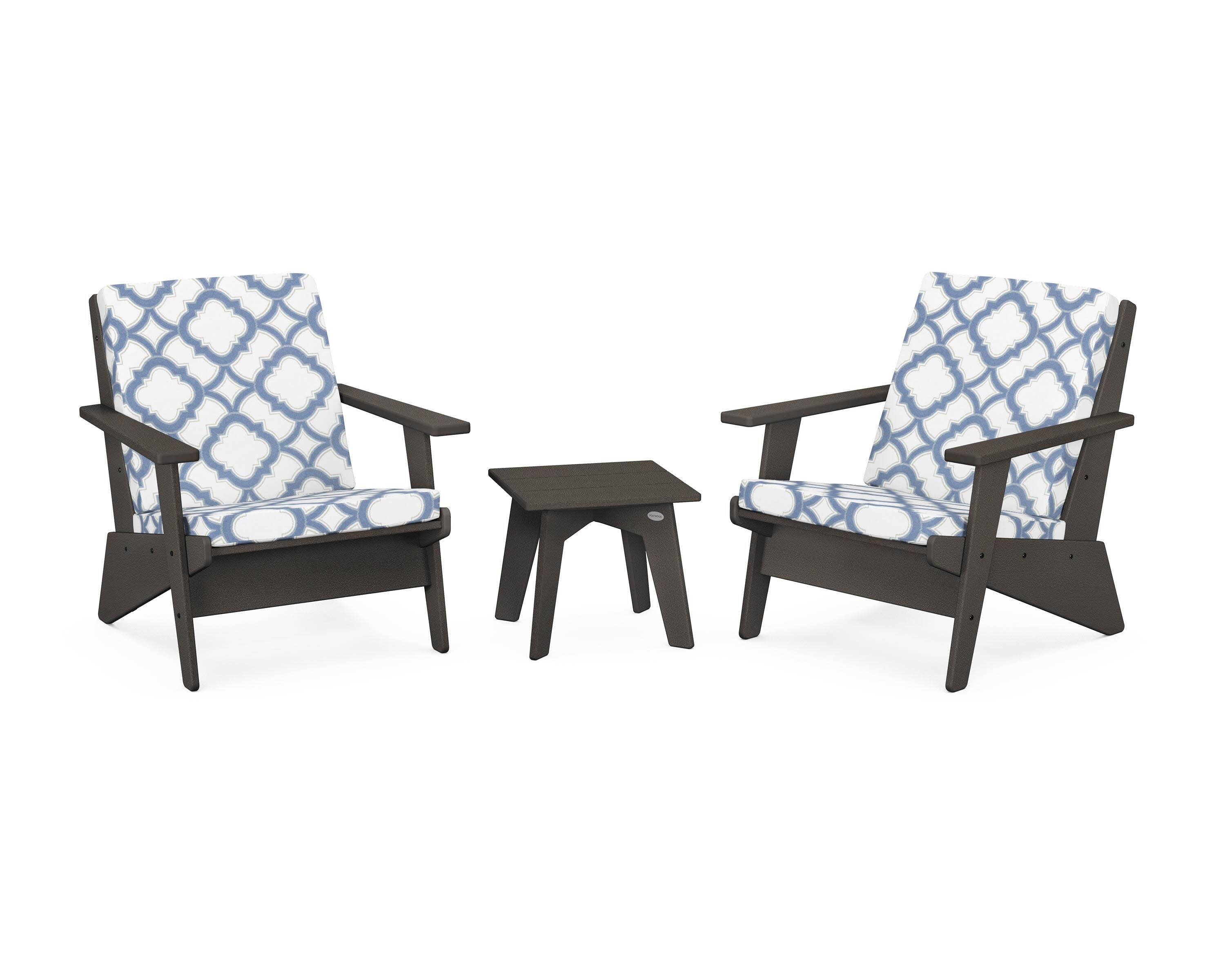 Riviera Modern Lounge 3-Piece Set in Vintage Coffee / Trellis Sky Blue