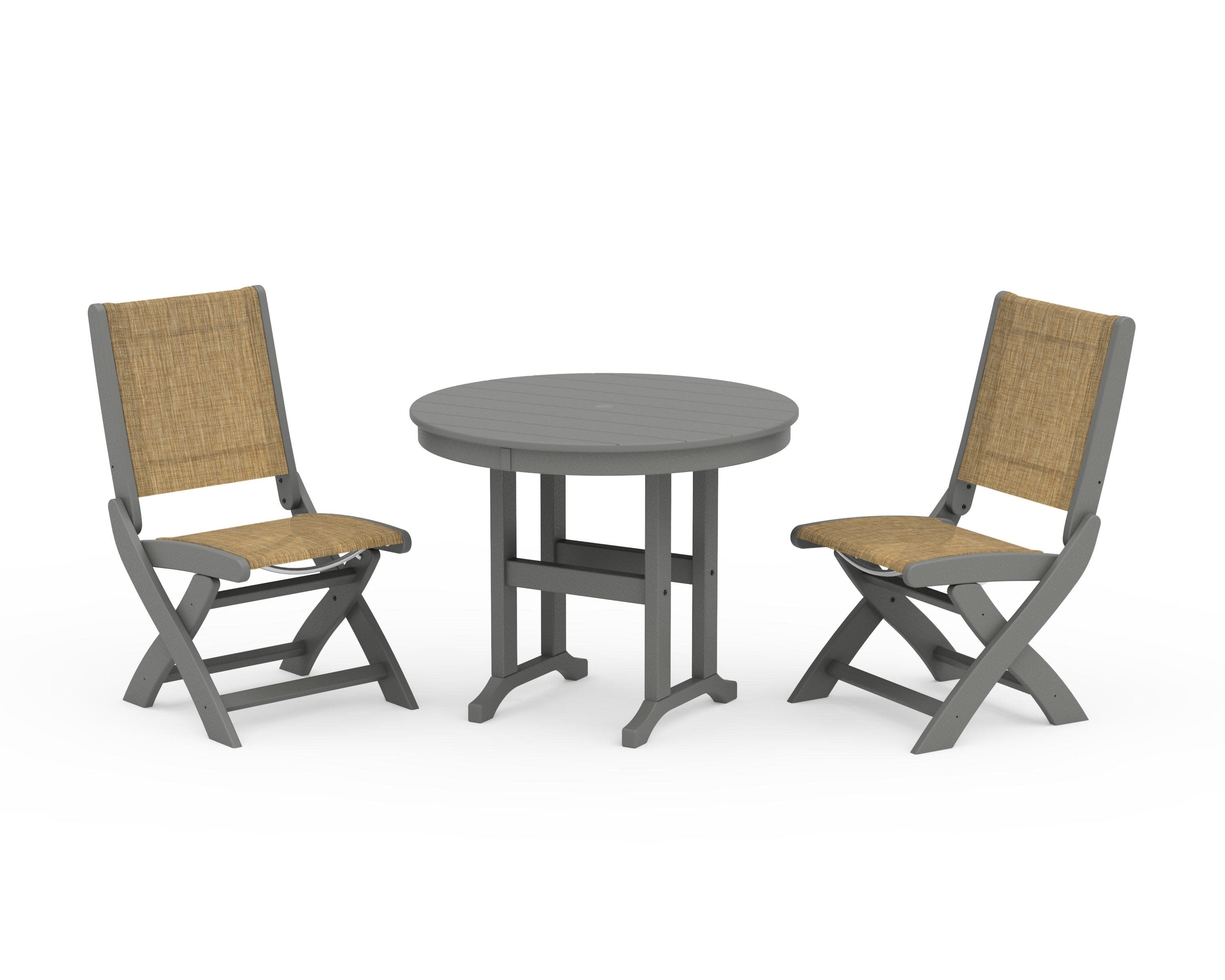 Coastal Folding Side Chair 3-Piece Round Dining Set in Slate Grey / Burlap Sling
