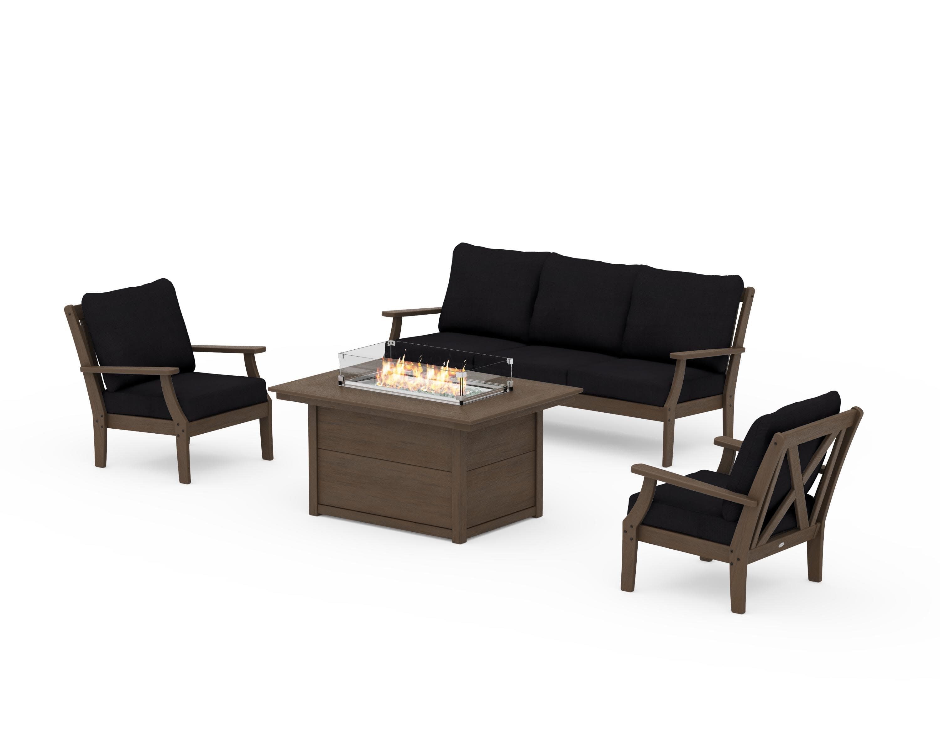 Braxton Deep Seating Fire Pit Table Set in Kona / Midnight Linen