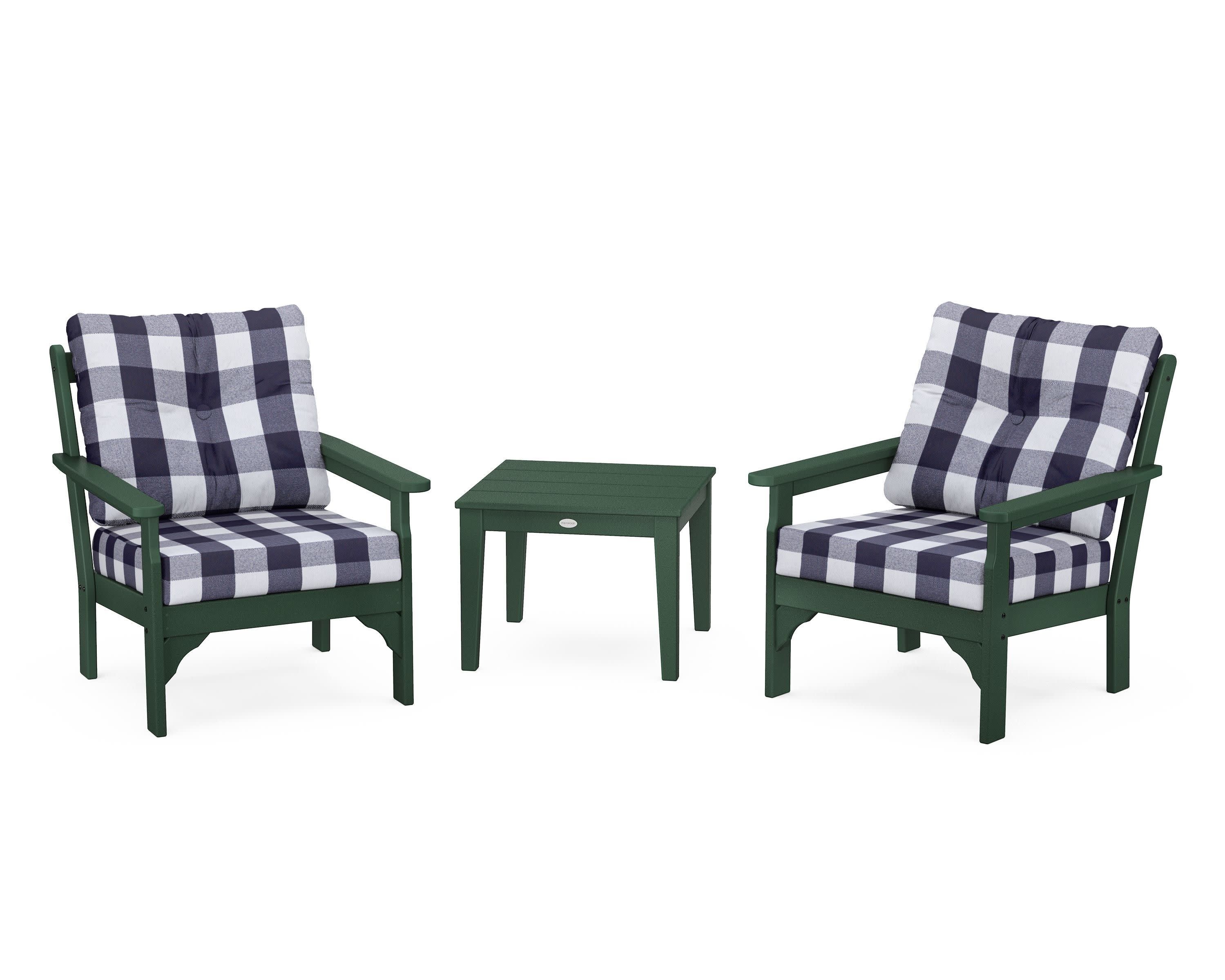 Vineyard 3-Piece Deep Seating Set in Green / Buffalo Plaid Navy