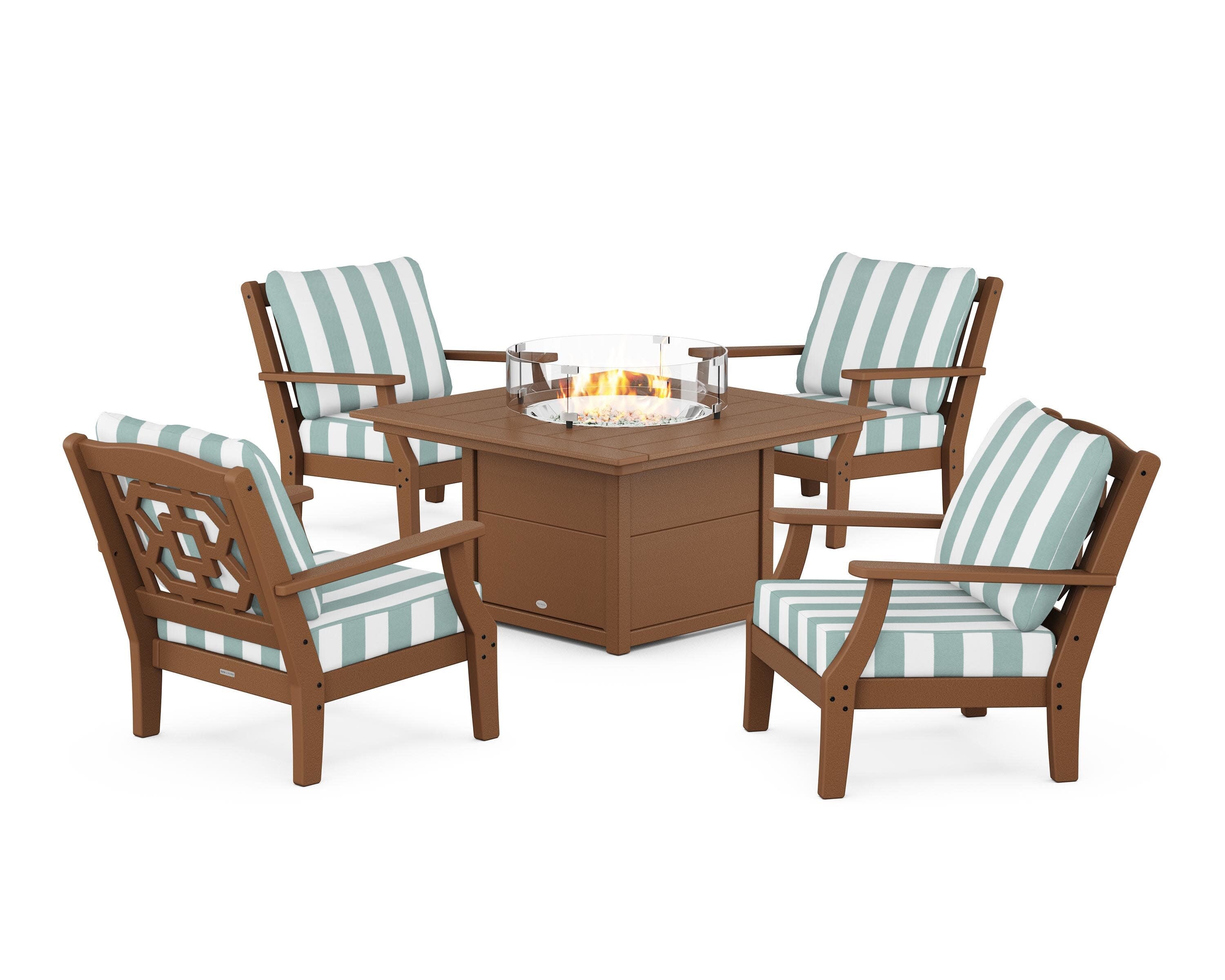 Chinoiserie 5-Piece Deep Seating Set with Fire Pit Table in Teak / Cabana Stripe Glacier Spa