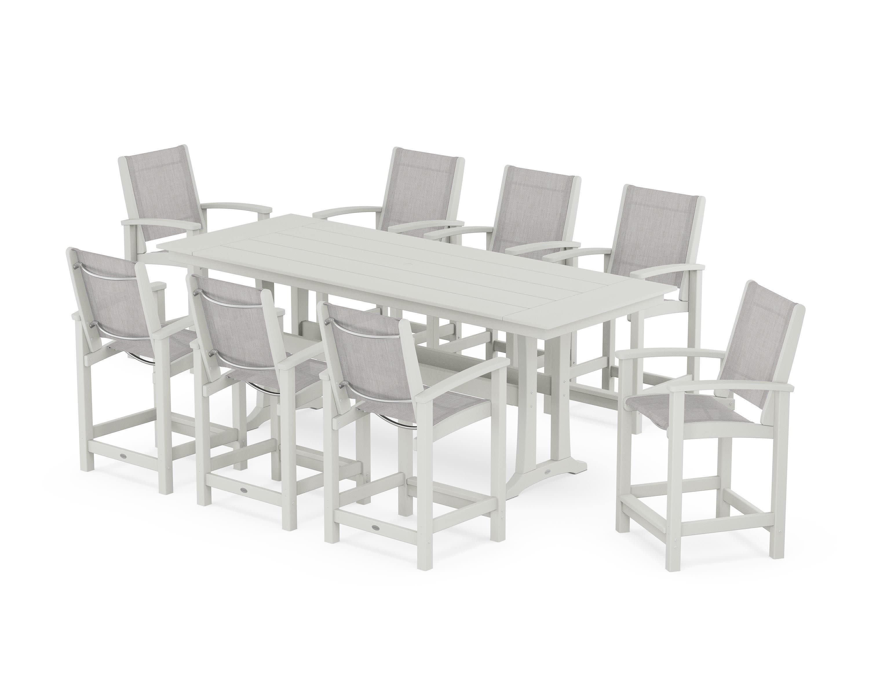 Coastal 9-Piece Farmhouse Counter Set with Trestle Legs in Vintage White / Parchment Sling