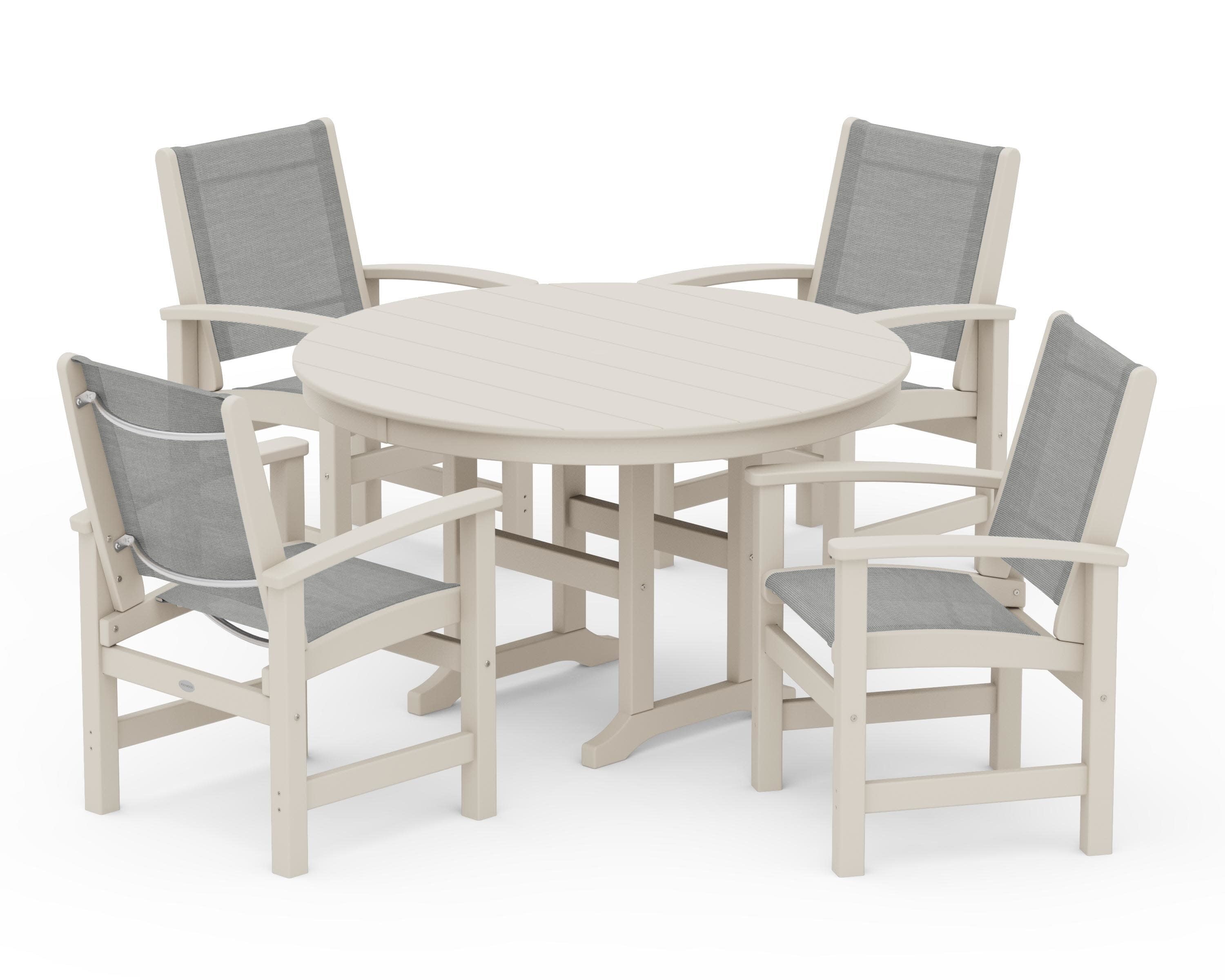 Coastal 5-Piece Round Farmhouse Dining Set in Sand / Metallic Sling