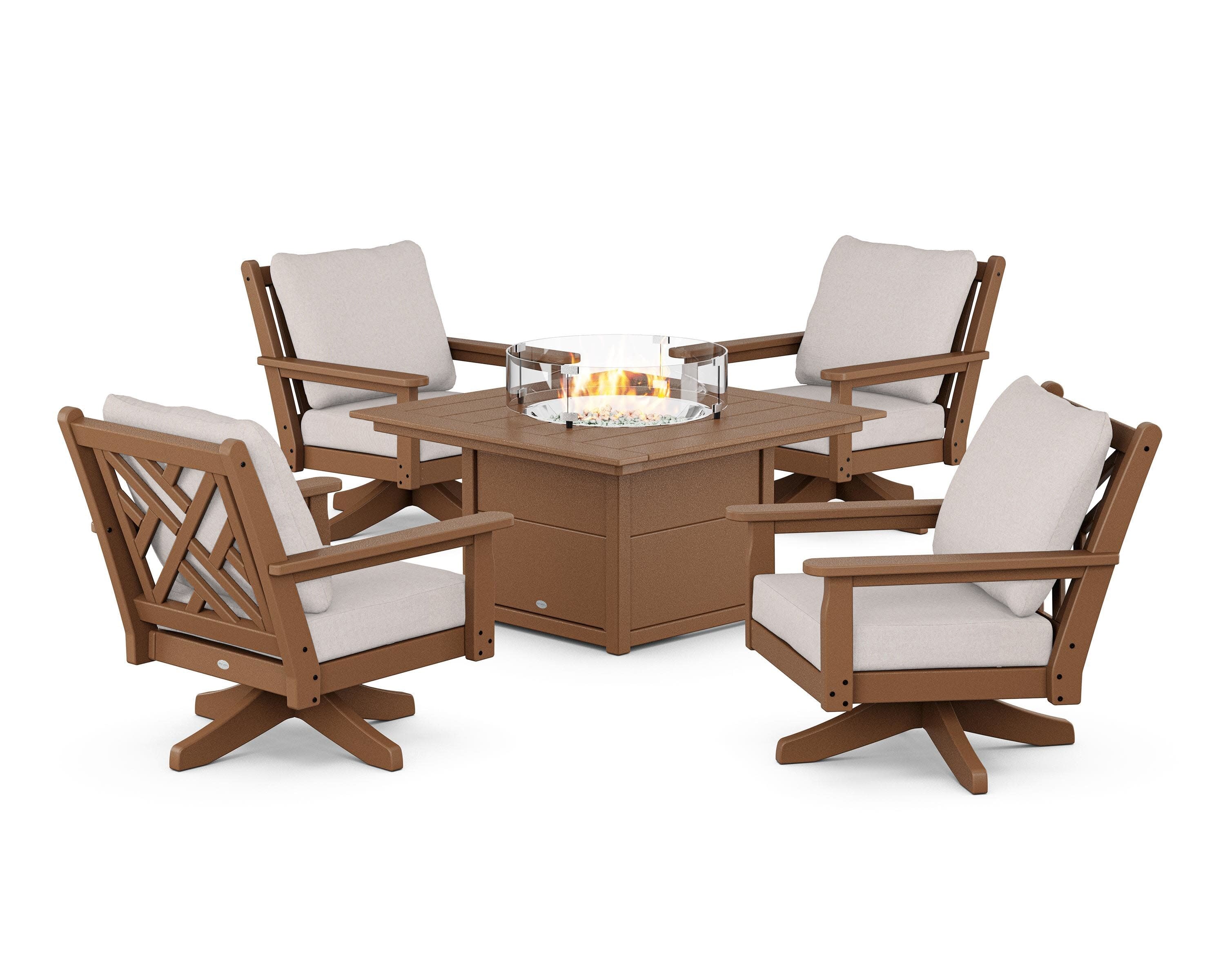 Chippendale 5-Piece Deep Seating Swivel Conversation Set with Fire Pit Table in Teak / Dune Burlap