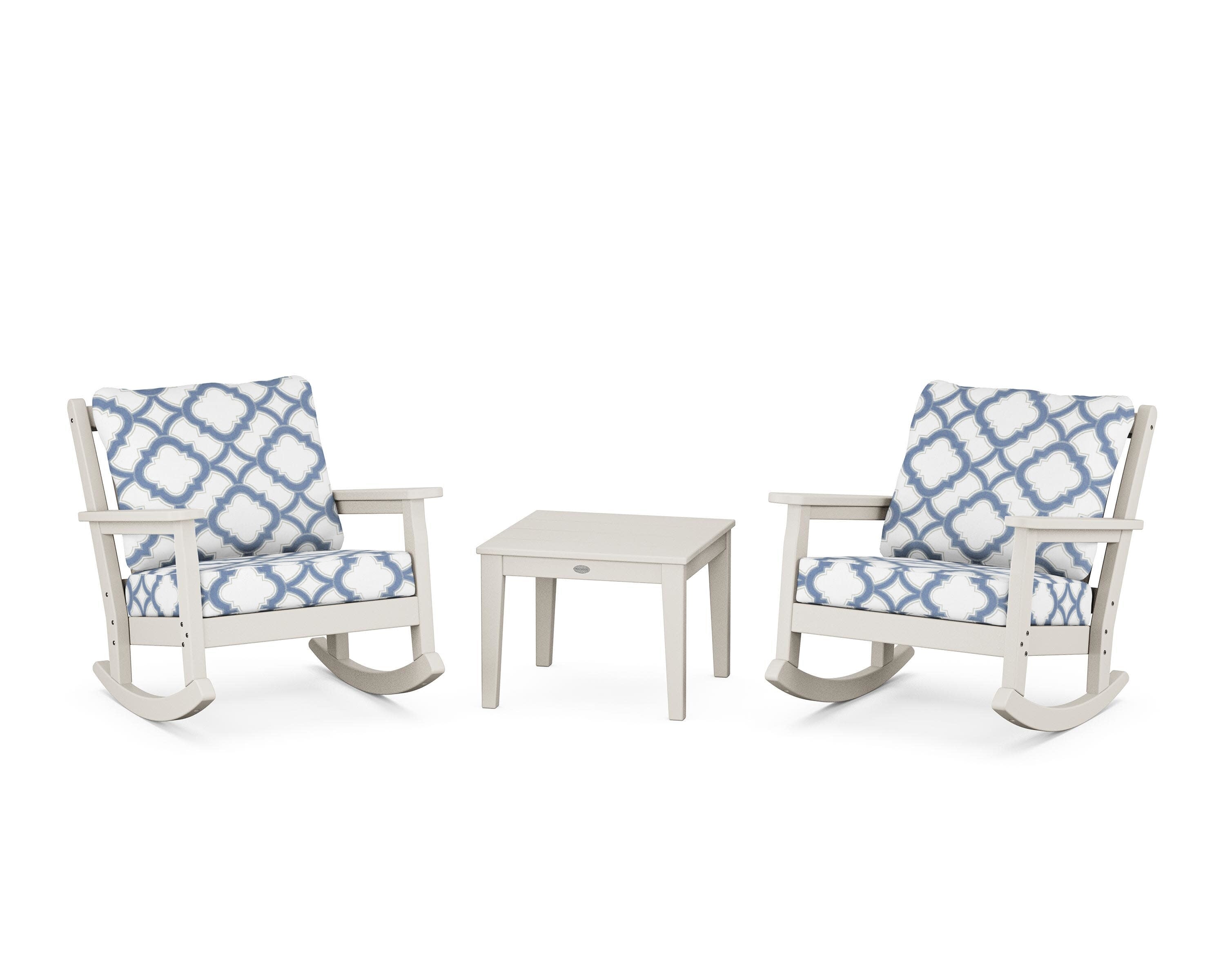 Chippendale 3-Piece Deep Seating Rocker Set in Sand / Trellis Sky Blue