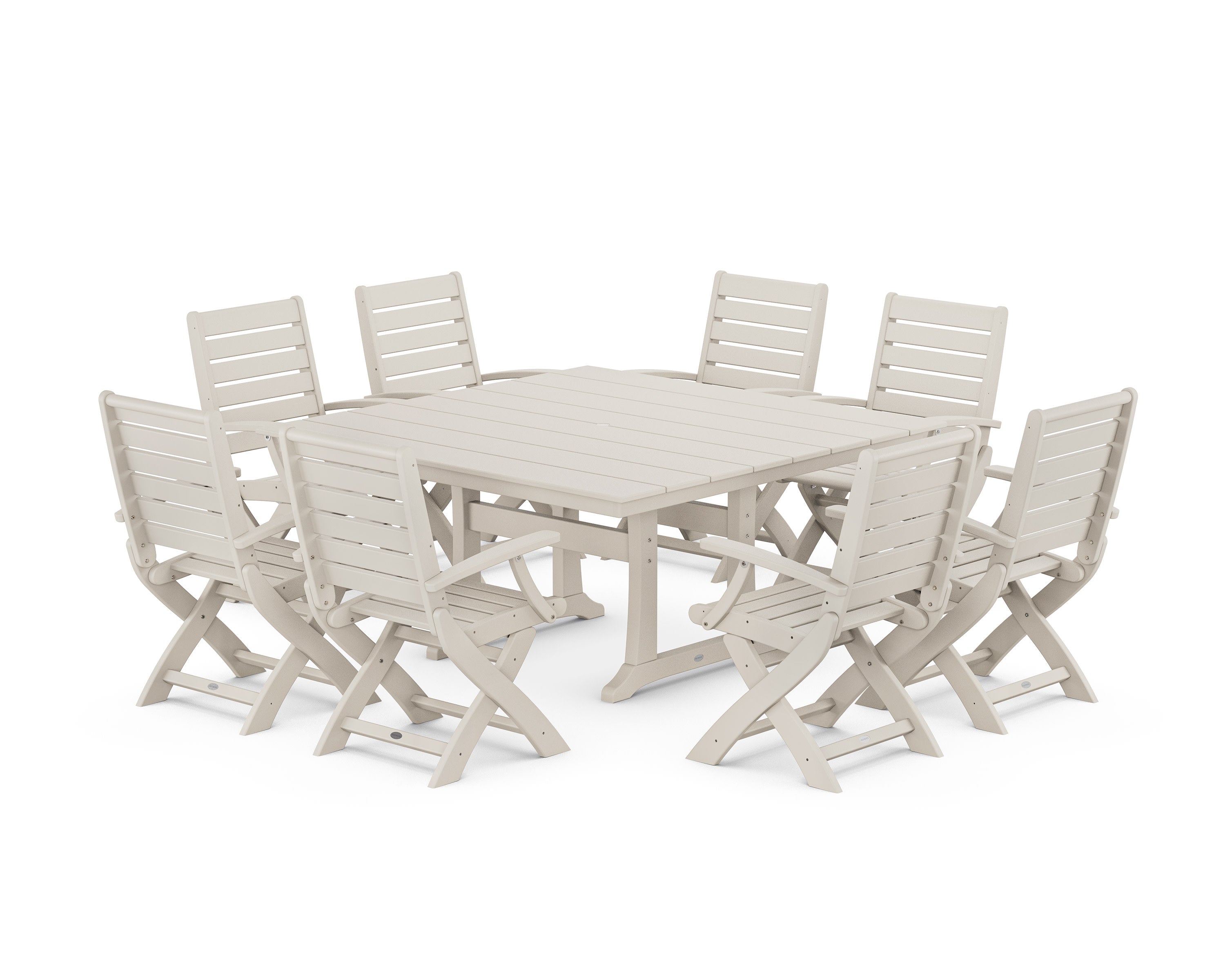 Signature Folding Chair 9-Piece Square Farmhouse Dining Set with Trestle Legs in Sand