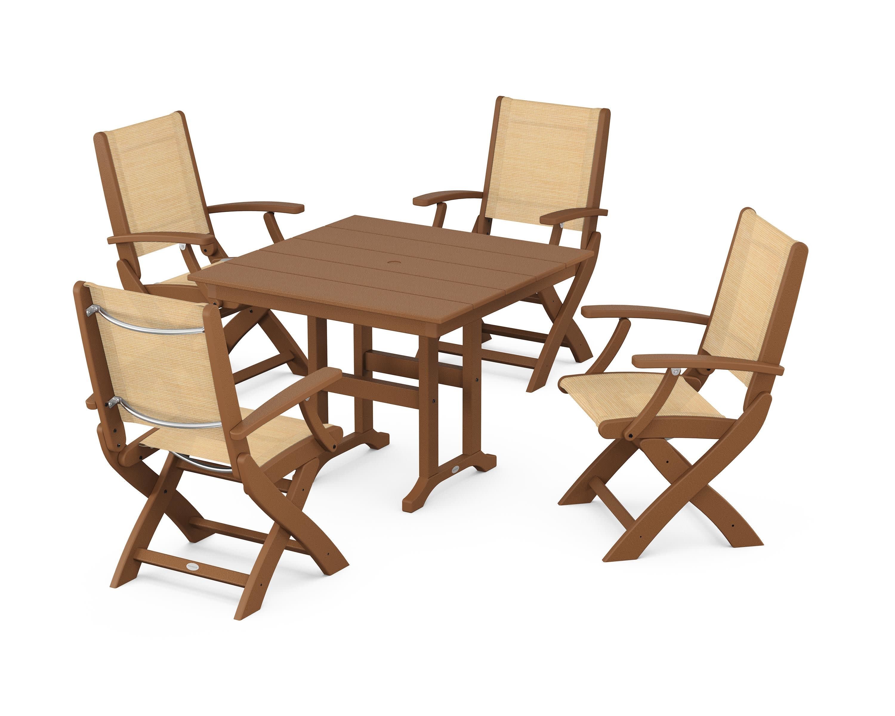 Coastal Folding Chair 5-Piece Farmhouse Dining Set in Teak / Dupioni Apricot Sling