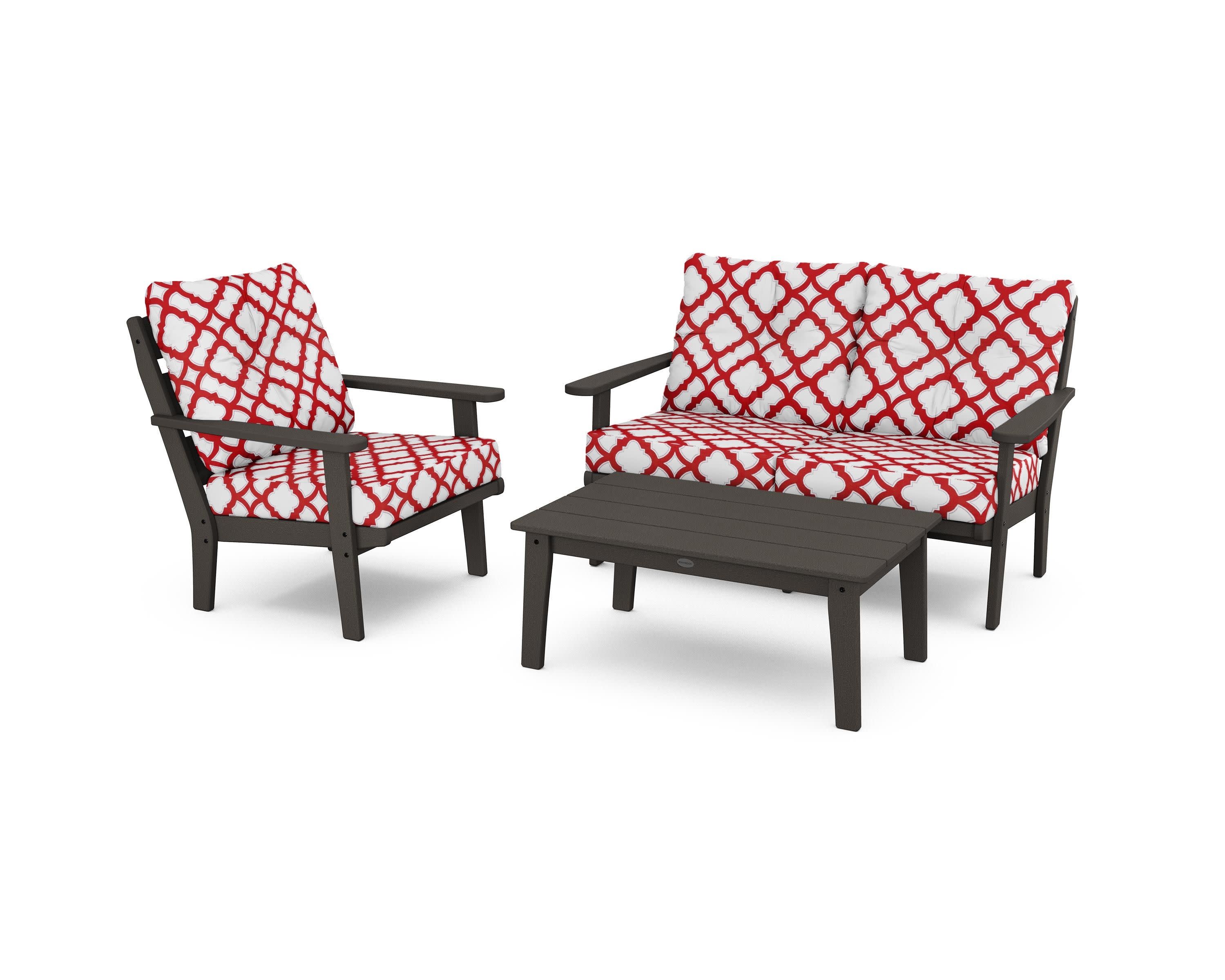 Lakeside 3-Piece Deep Seating Set in Vintage Coffee / Trellis Crimson