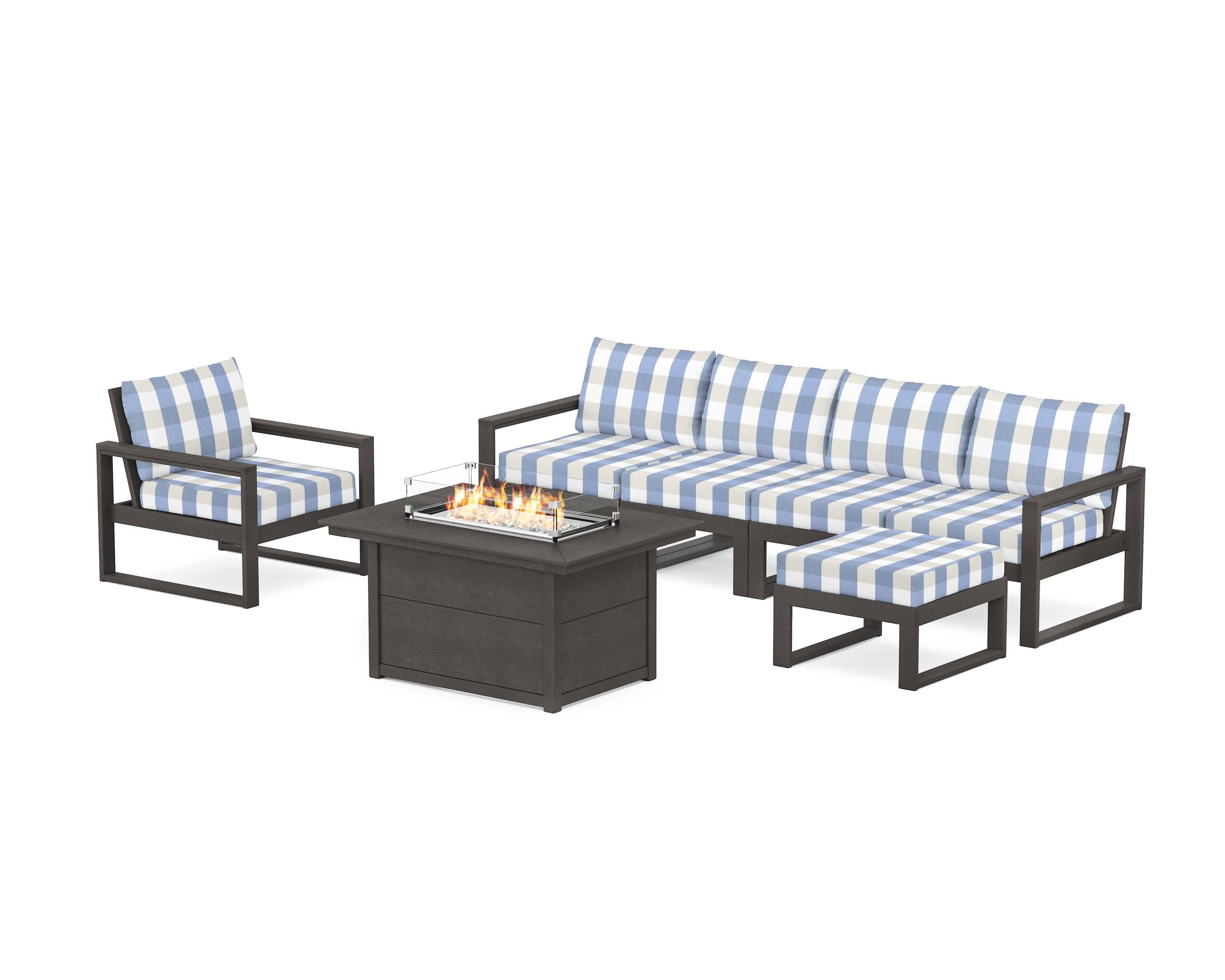 EDGE Sectional Lounge and Fire Pit Set in Vintage Coffee / Buffalo Plaid Sky Blue