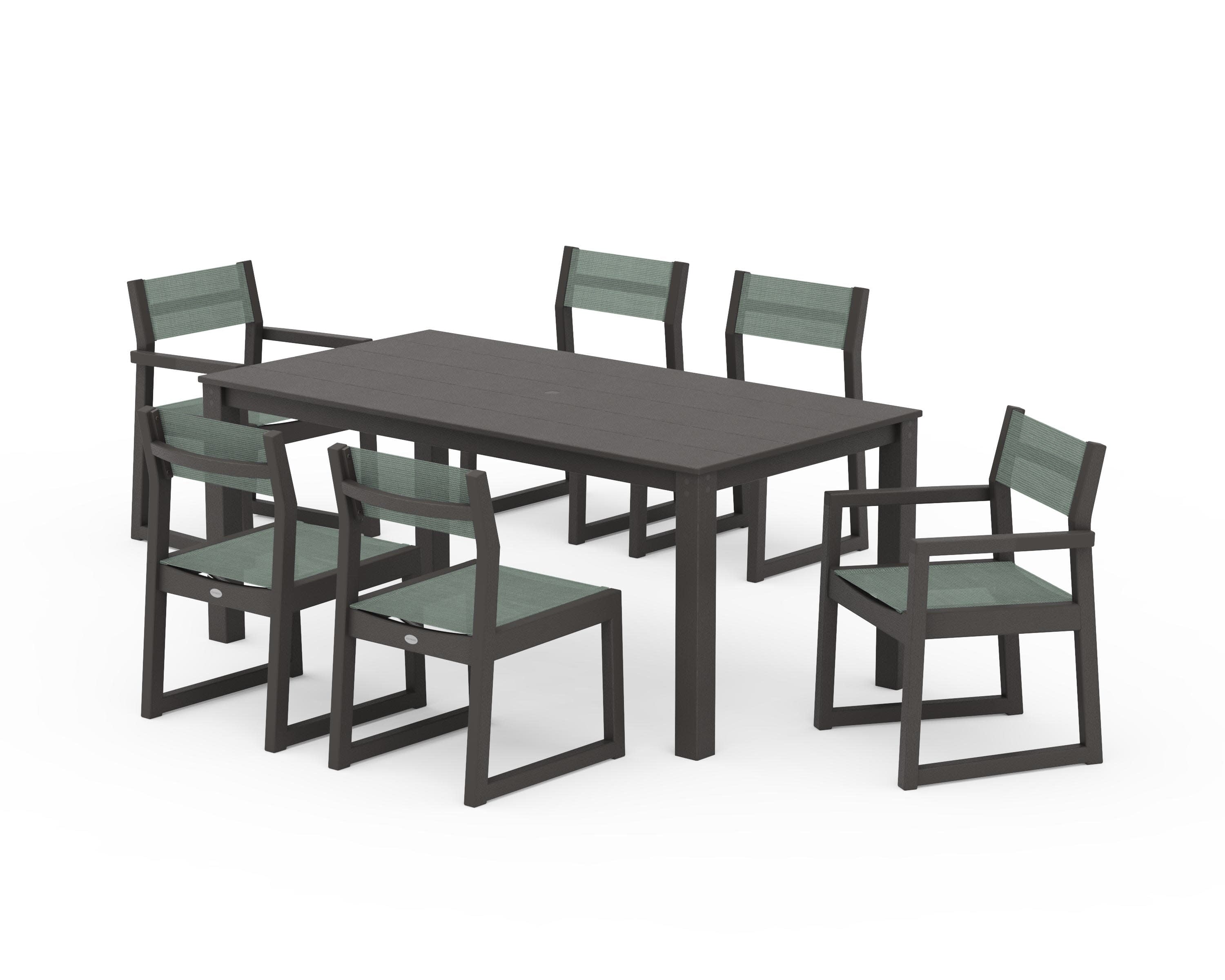 EDGE Sling 7-Piece Parsons Dining Set in Vintage Coffee / Dupioni Sea Mist Sling