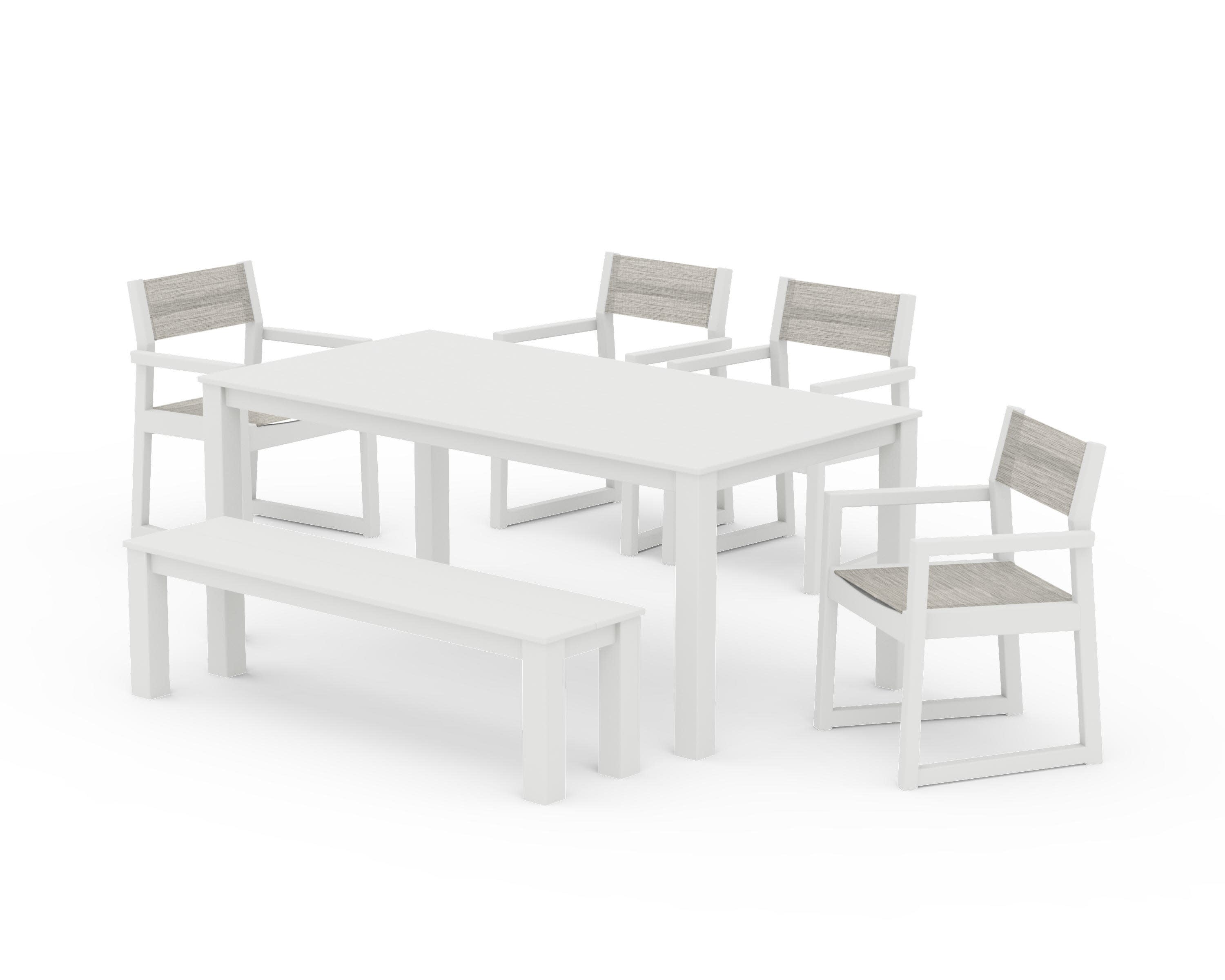 EDGE Sling Arm Chair 6-Piece Parsons Dining Set with Bench in Vintage White / Birch Sling