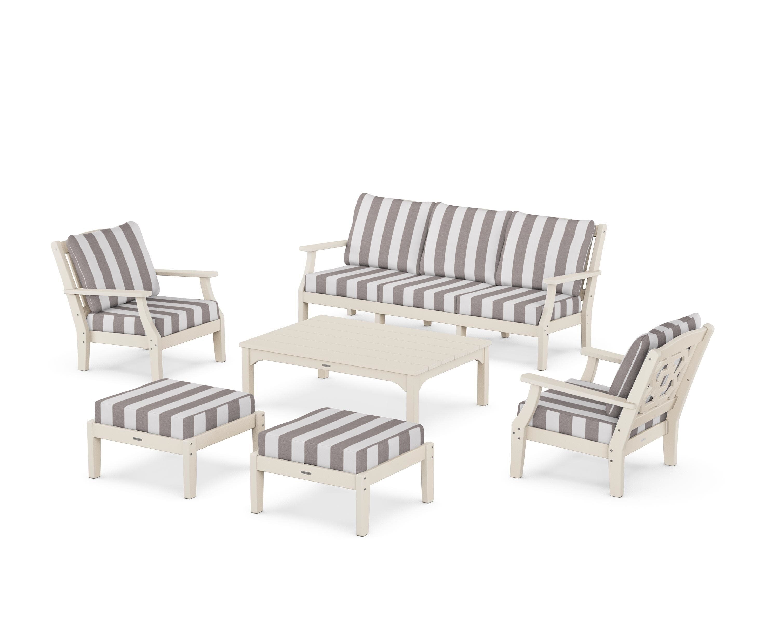 Chinoiserie 6-Piece Lounge Sofa Set in Sand / Cabana Stripe Grey Mist