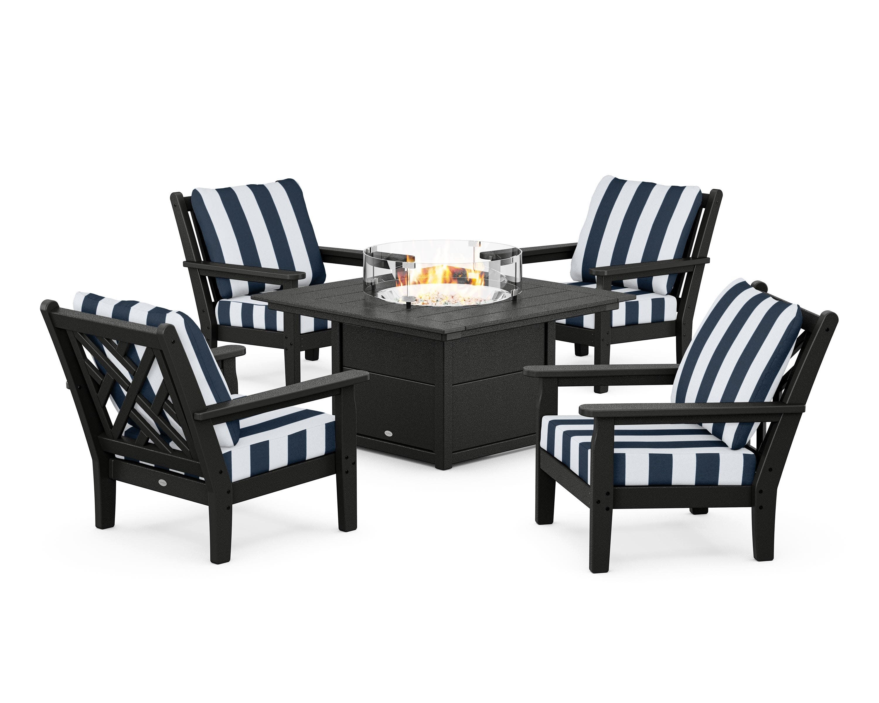 Chippendale 5-Piece Deep Seating Set with Fire Pit Table in Black / Cabana Stripe Marine Indigo