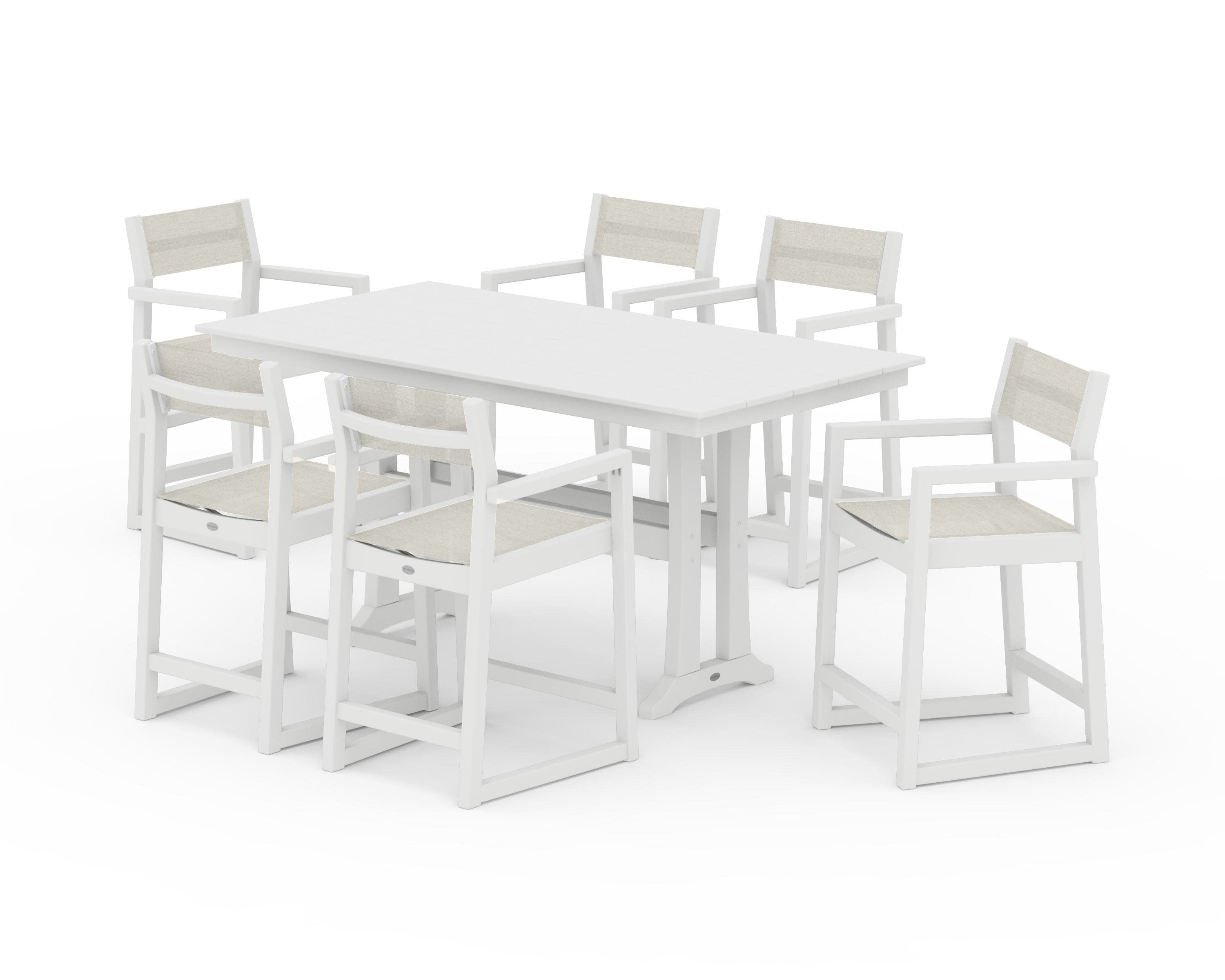 EDGE Sling Arm Chair 7-Piece Farmhouse Counter Set with Trestle Legs in White / Parchment Sling