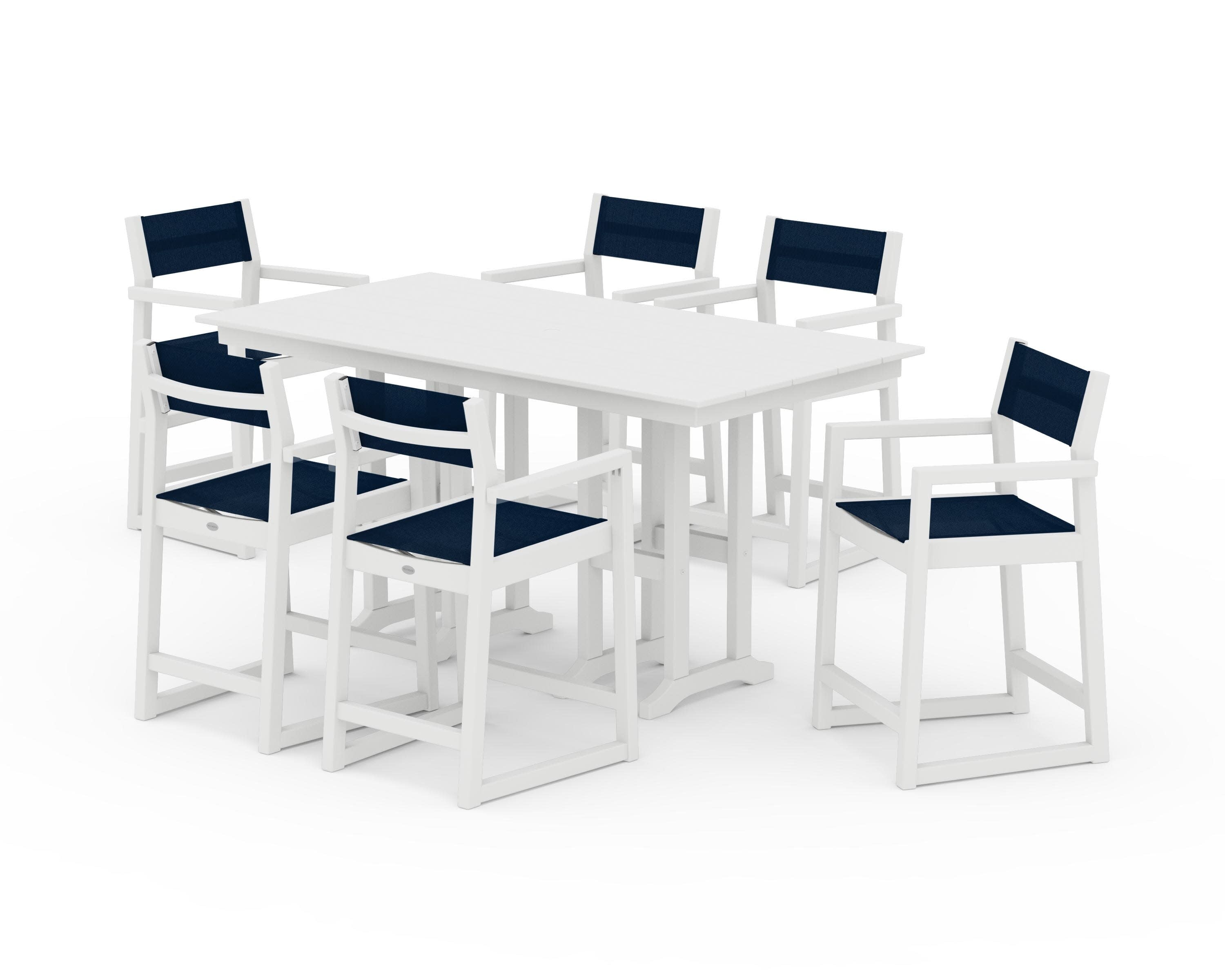 EDGE Sling Arm Chair 7-Piece Farmhouse Counter Set in White / Navy Blue Sling