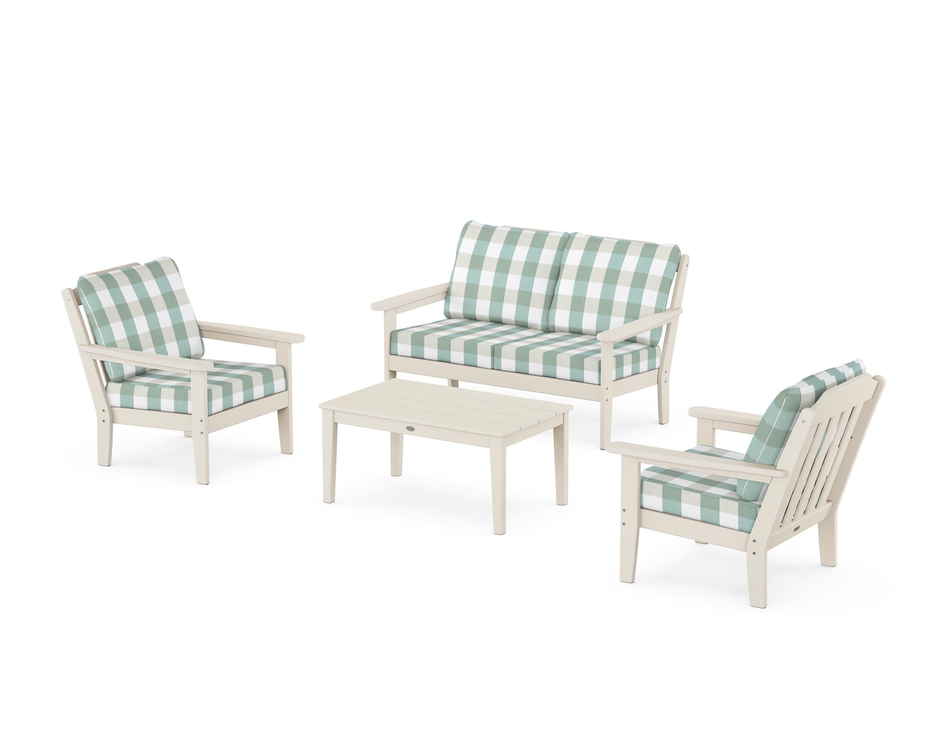 Cottage 4-Piece Deep Seating Set with Loveseat in Sand / Buffalo Plaid Glacier Spa