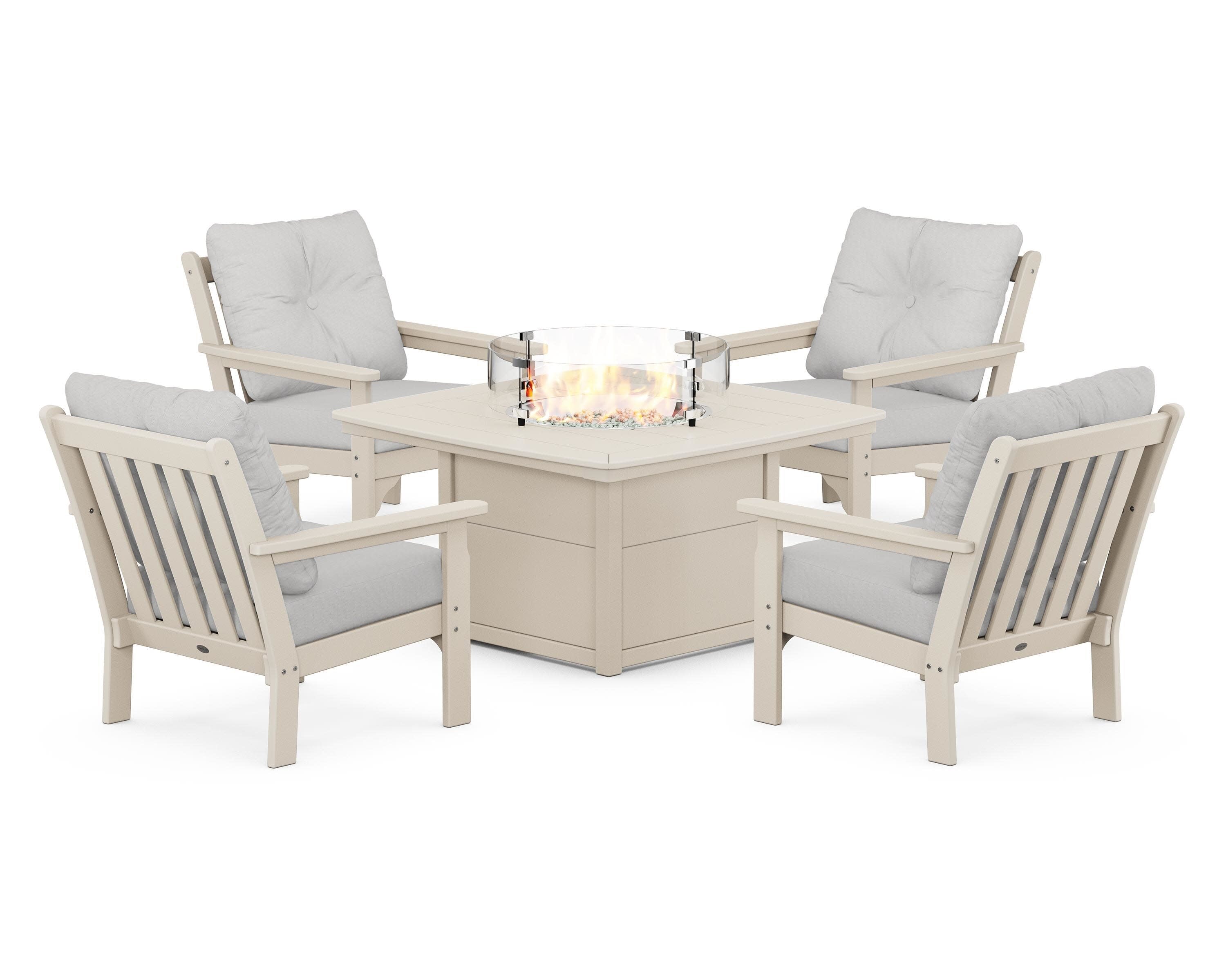Vineyard 5-Piece Conversation Set with Fire Pit Table in Sand / Diamond in the Rough