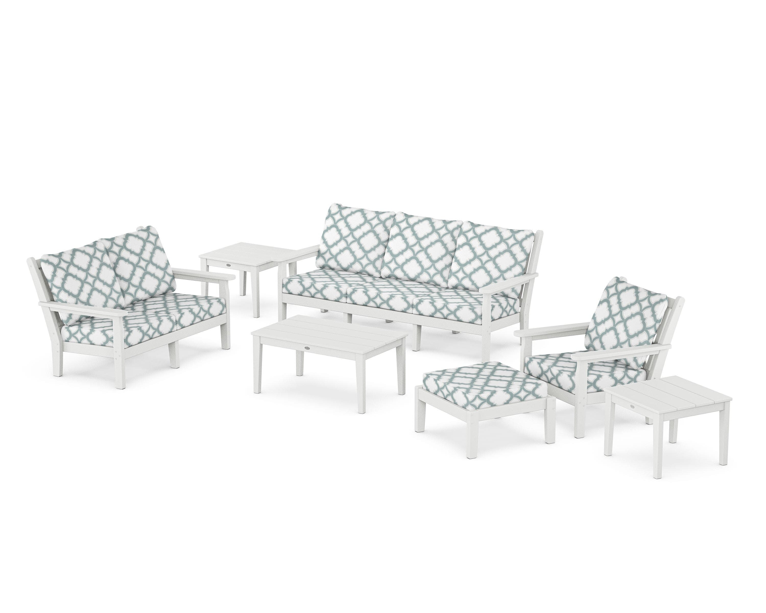 Chippendale 7-Piece Deep Seating Set in White / Trellis Glacier Spa