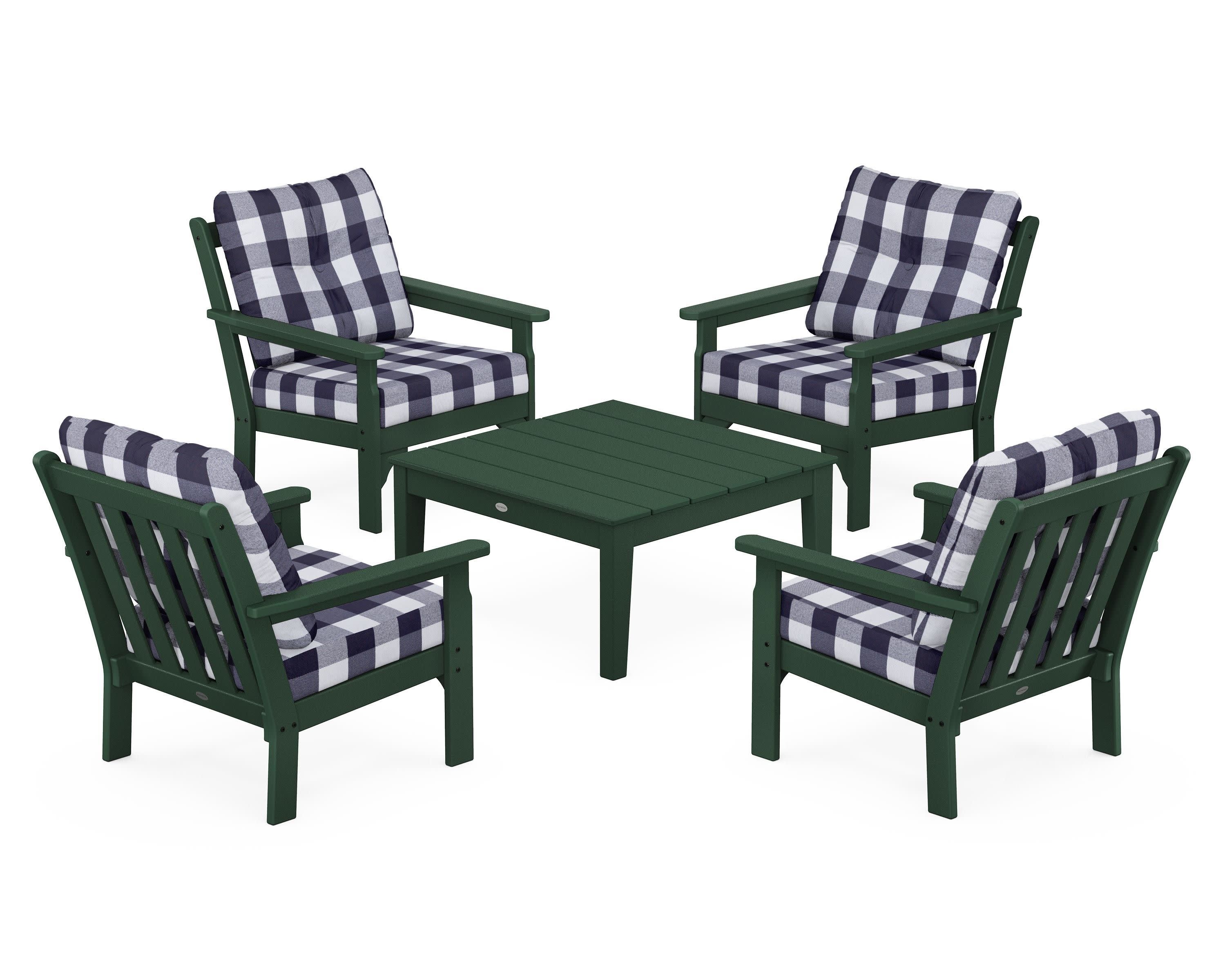 Vineyard 5-Piece Deep Seating Conversation Set in Green / Buffalo Plaid Navy