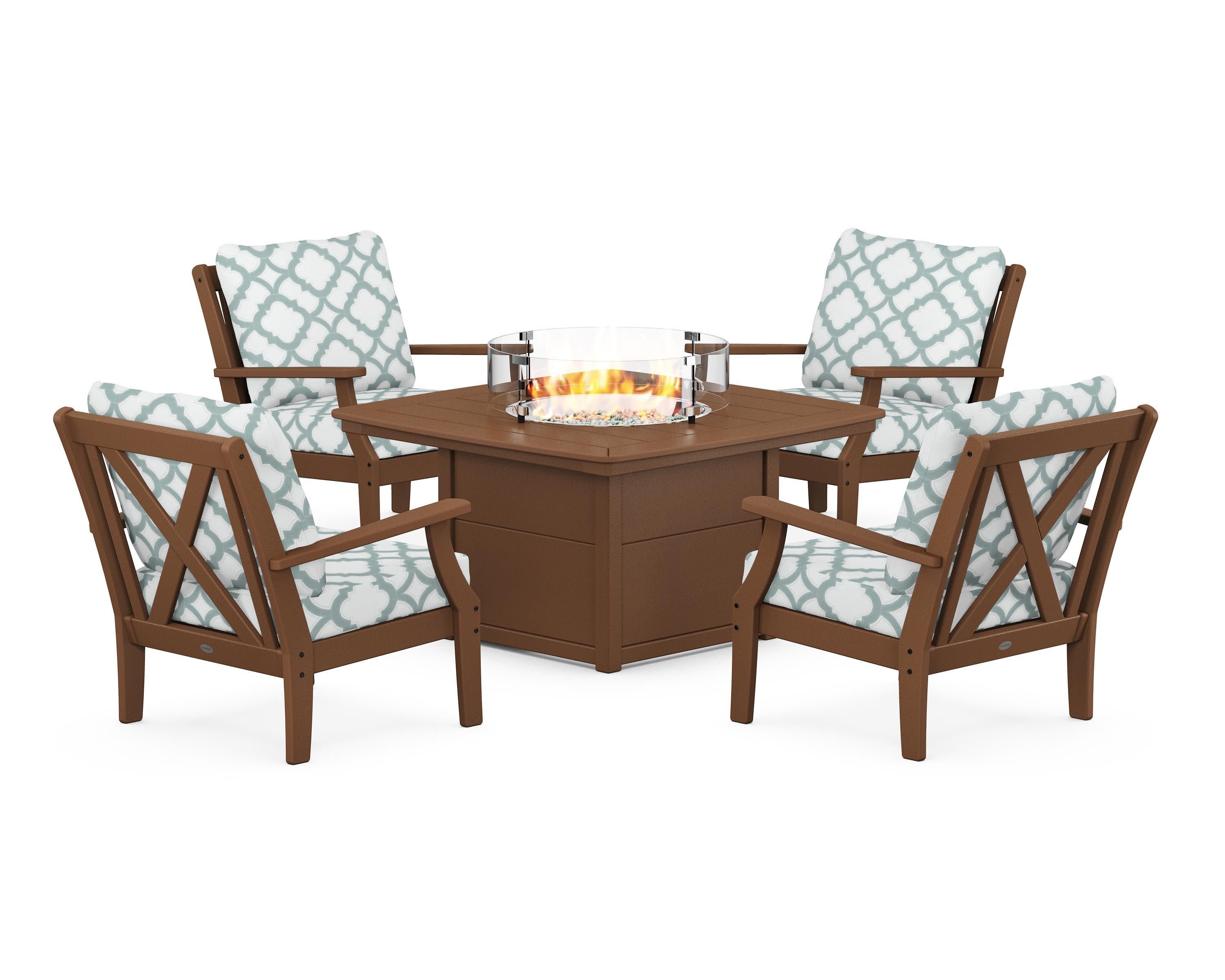 Braxton 5-Piece Deep Seating Conversation Set with Fire Pit Table in Teak / Trellis Glacier Spa