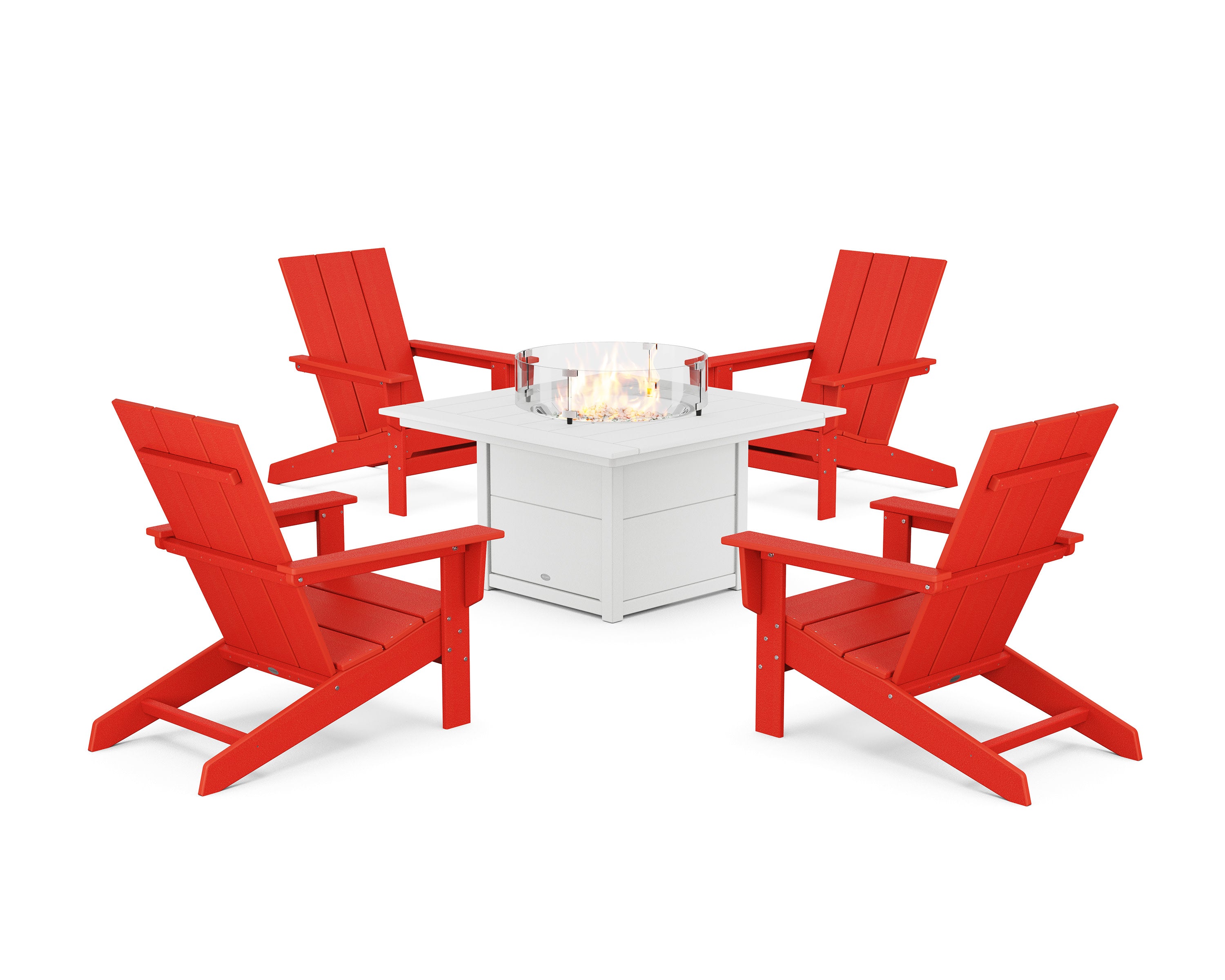 5-Piece Modern Studio Adirondack Conversation Set with Fire Pit Table in Sunset Red / White