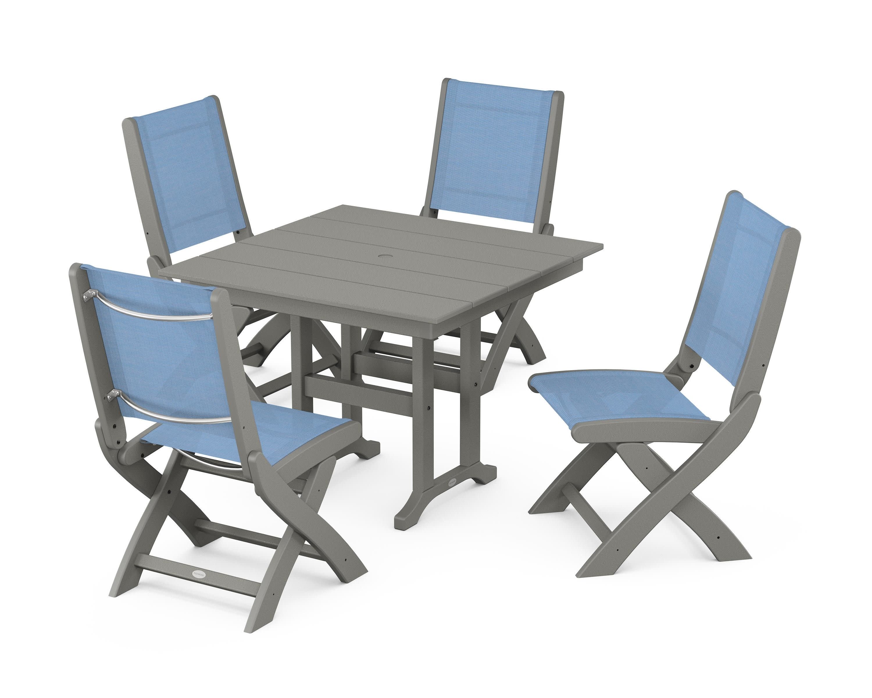 Coastal Folding Side Chair 5-Piece Farmhouse Dining Set in Slate Grey / Poolside Sling