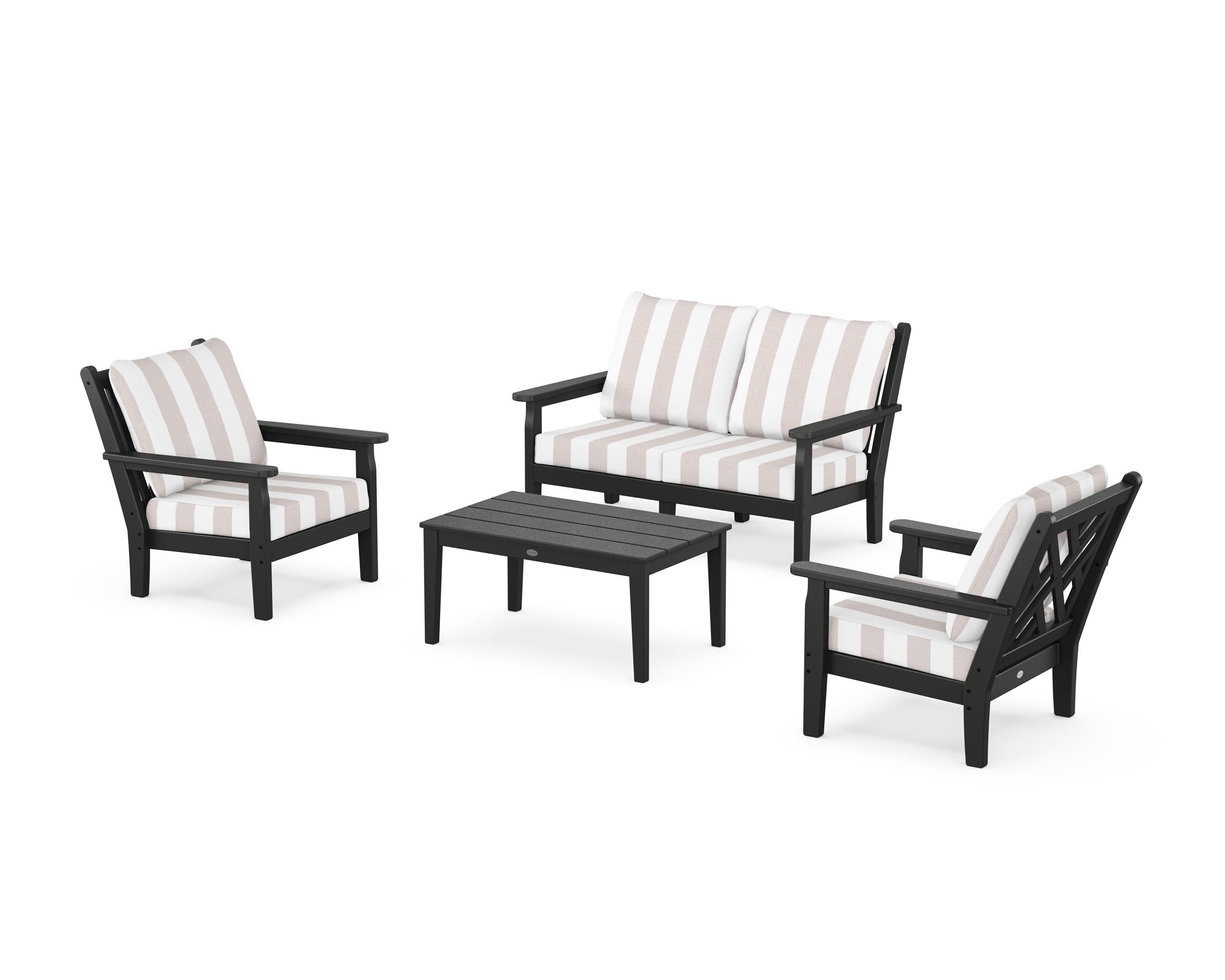 Chippendale 4-Piece Deep Seating Set with Loveseat in Black / Cabana Stripe Dune Burlap