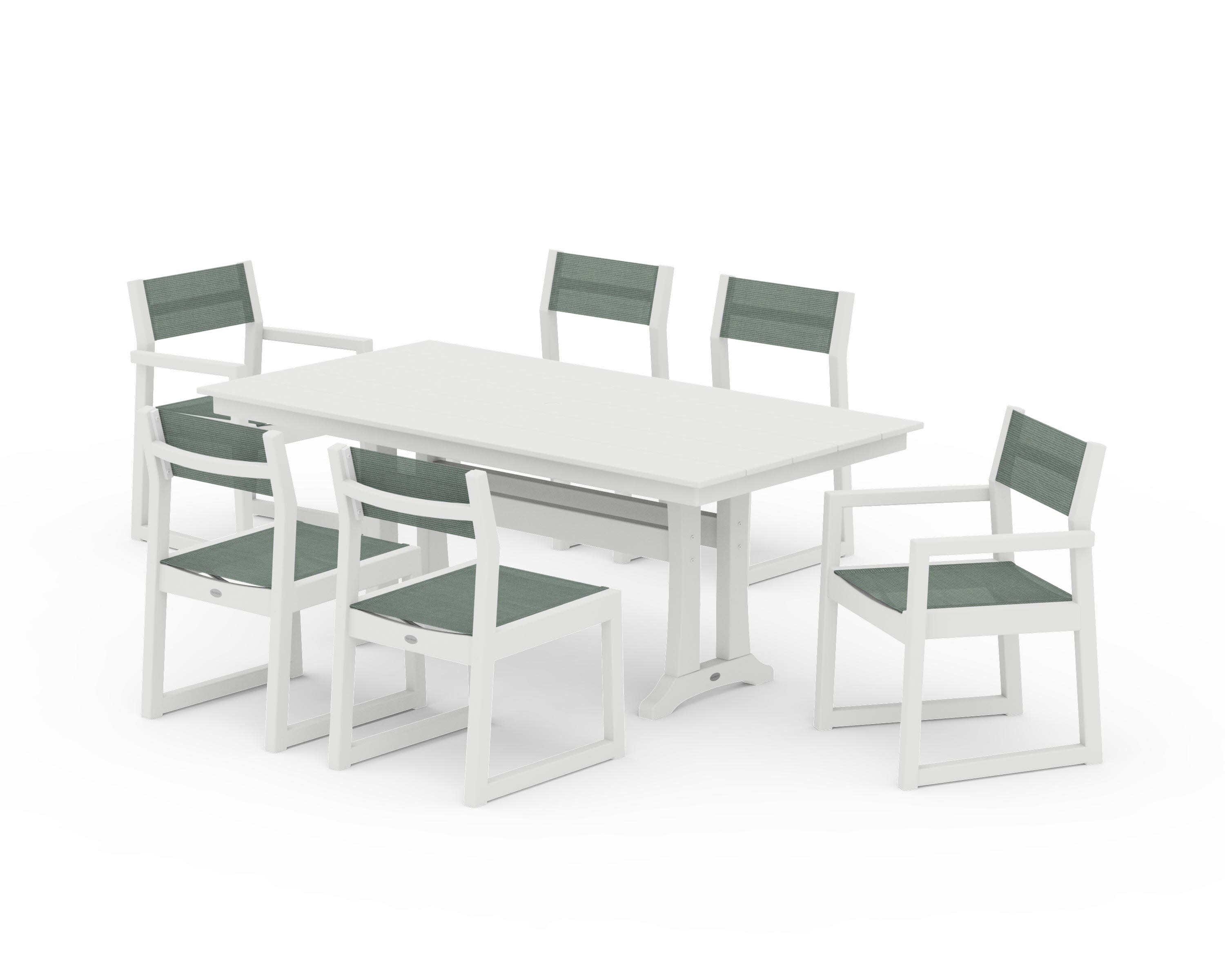 EDGE Sling 7-Piece Farmhouse Trestle Dining Set in Vintage White / Dupioni Sea Mist Sling