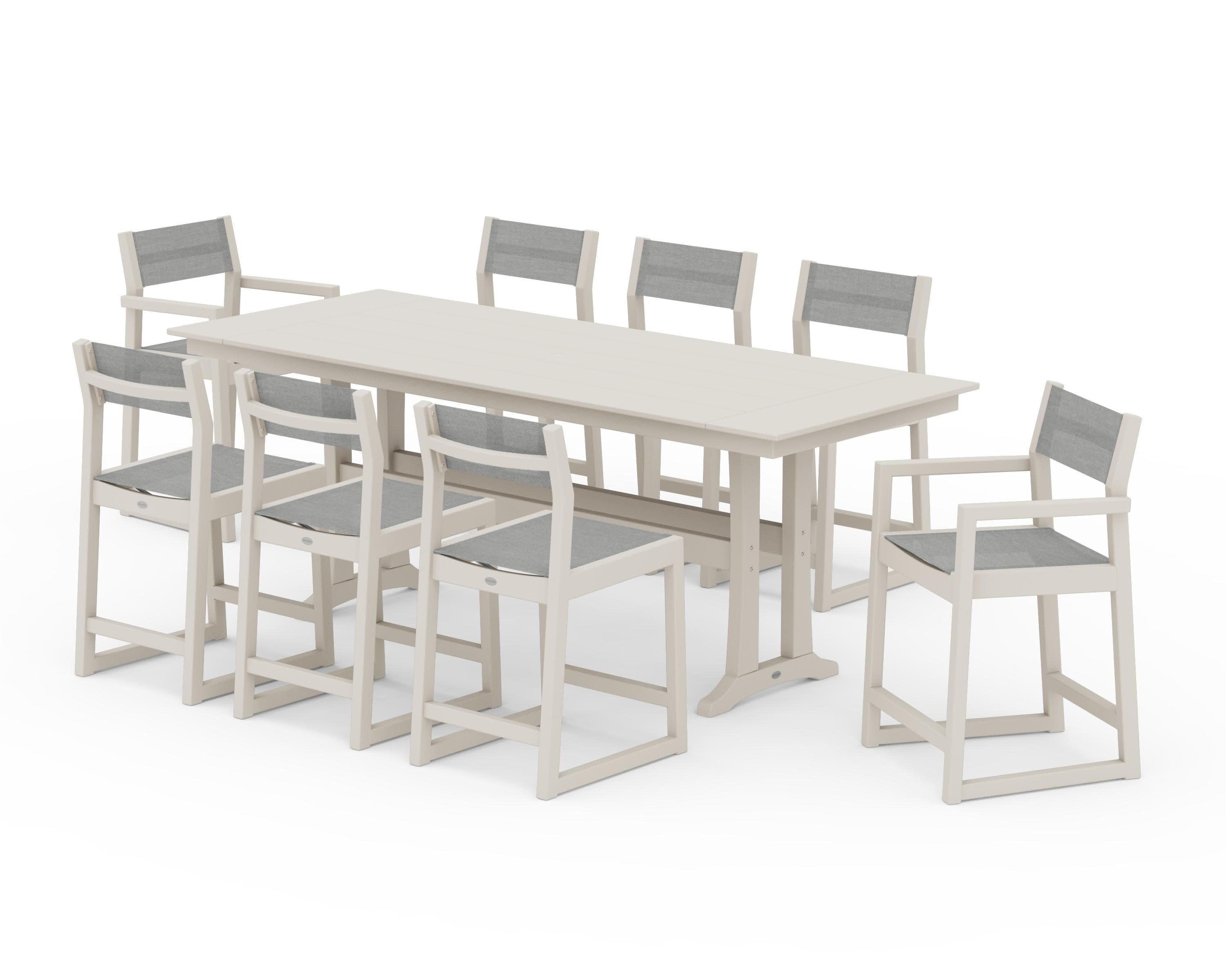 EDGE Sling 9-Piece Farmhouse Counter Set with Trestle Legs in Sand / Metallic Sling