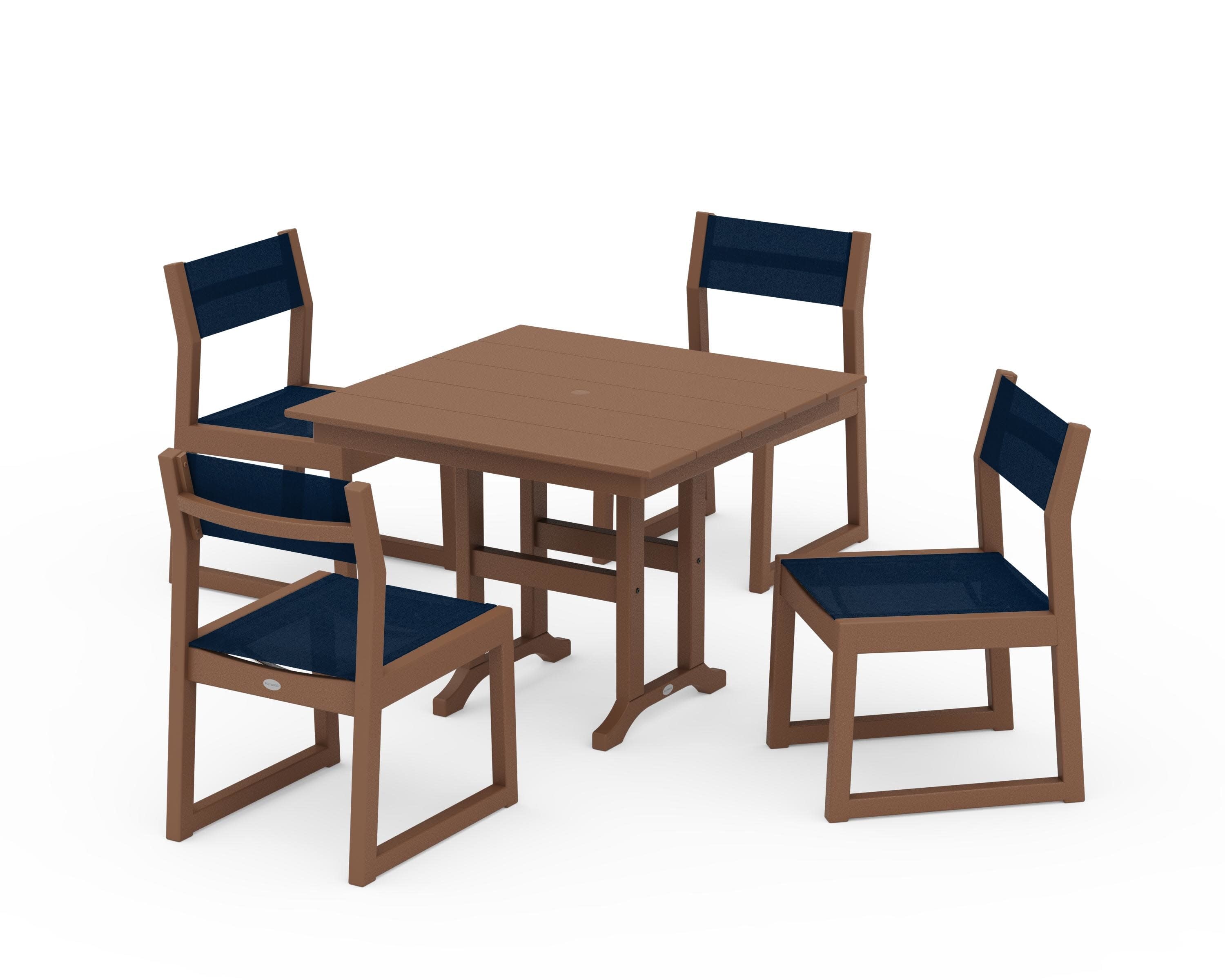 EDGE Sling Side Chair 5-Piece Farmhouse Dining Set in Teak / Navy Blue Sling
