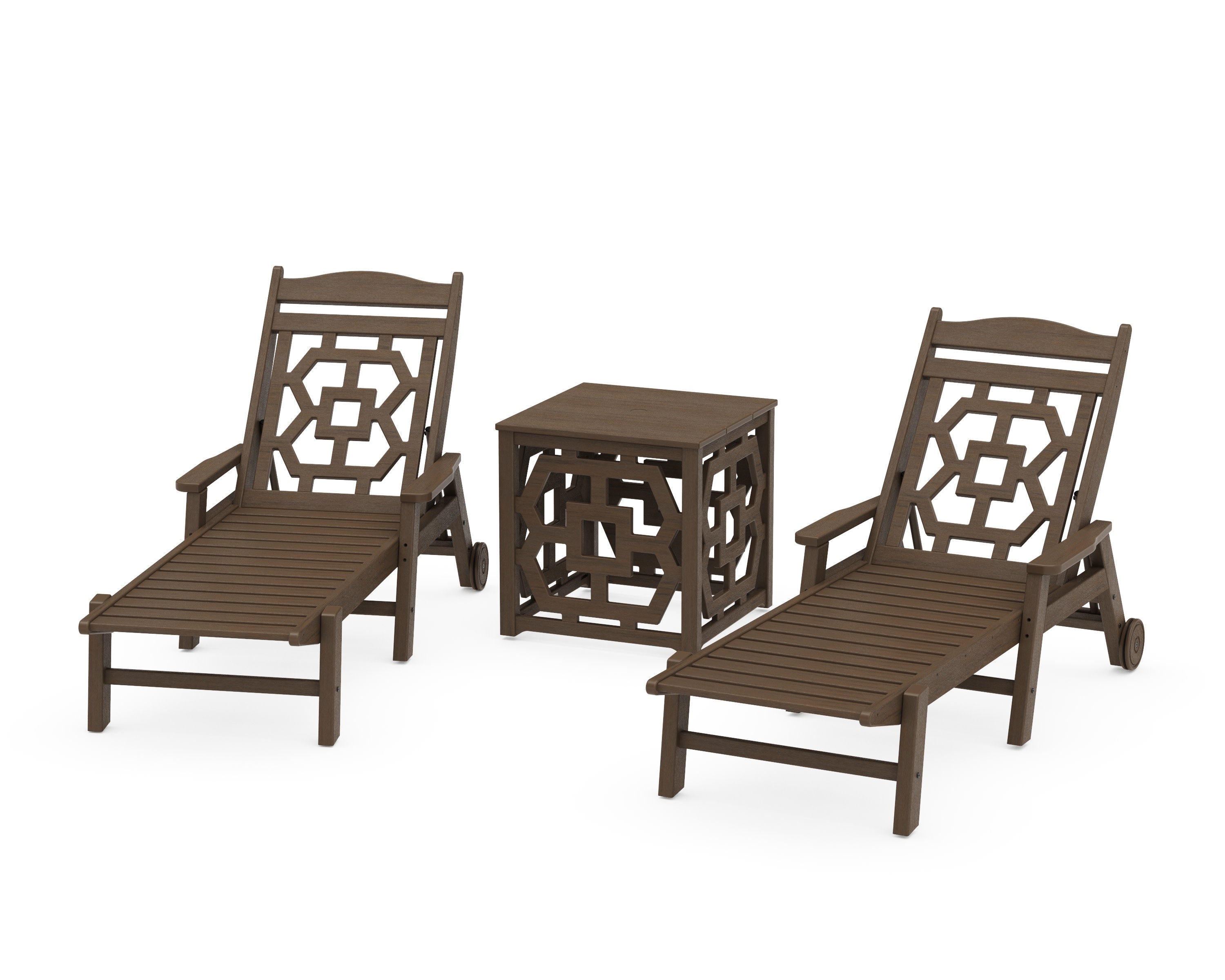 Chinoiserie 3-Piece Chaise Set with Umbrella Stand Accent Table in Kona