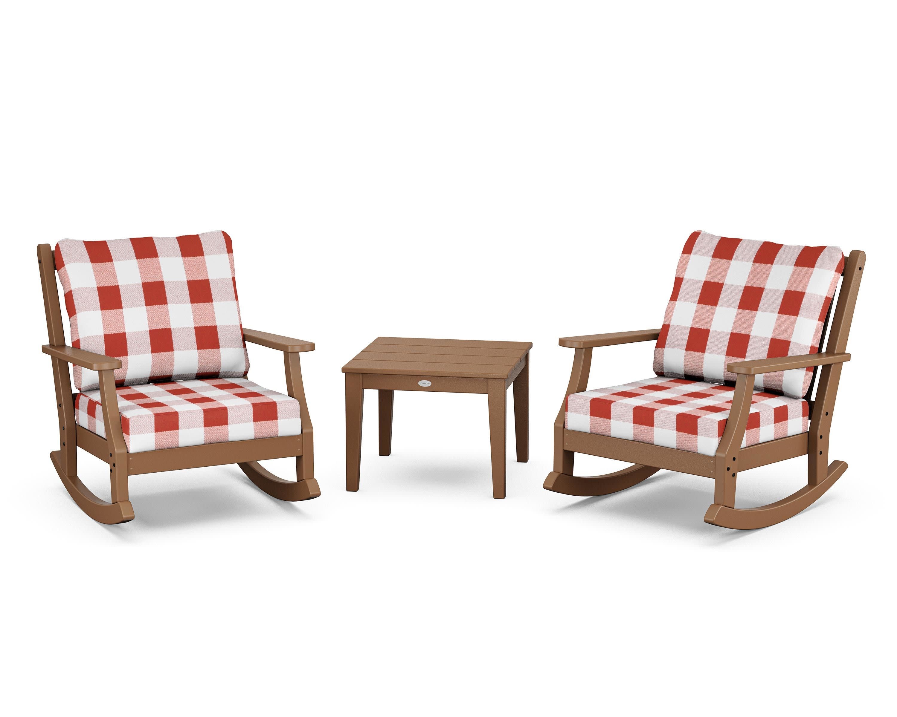 Wovendale 3-Piece Deep Seating Rocker Set in Teak / Buffalo Plaid Crimson