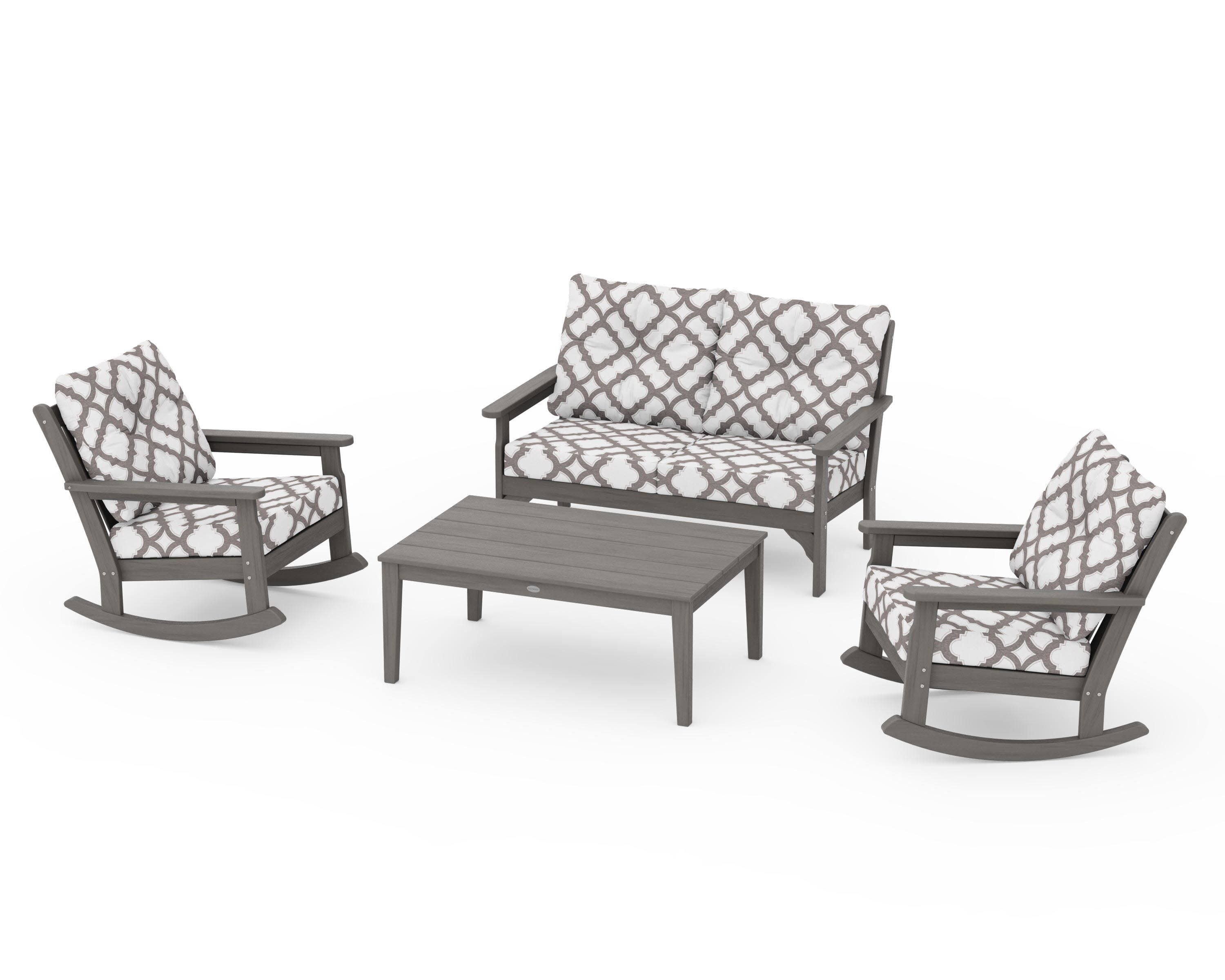 Vineyard 4-Piece Deep Seating Rocking Chair Set in Driftwood / Trellis Grey Mist