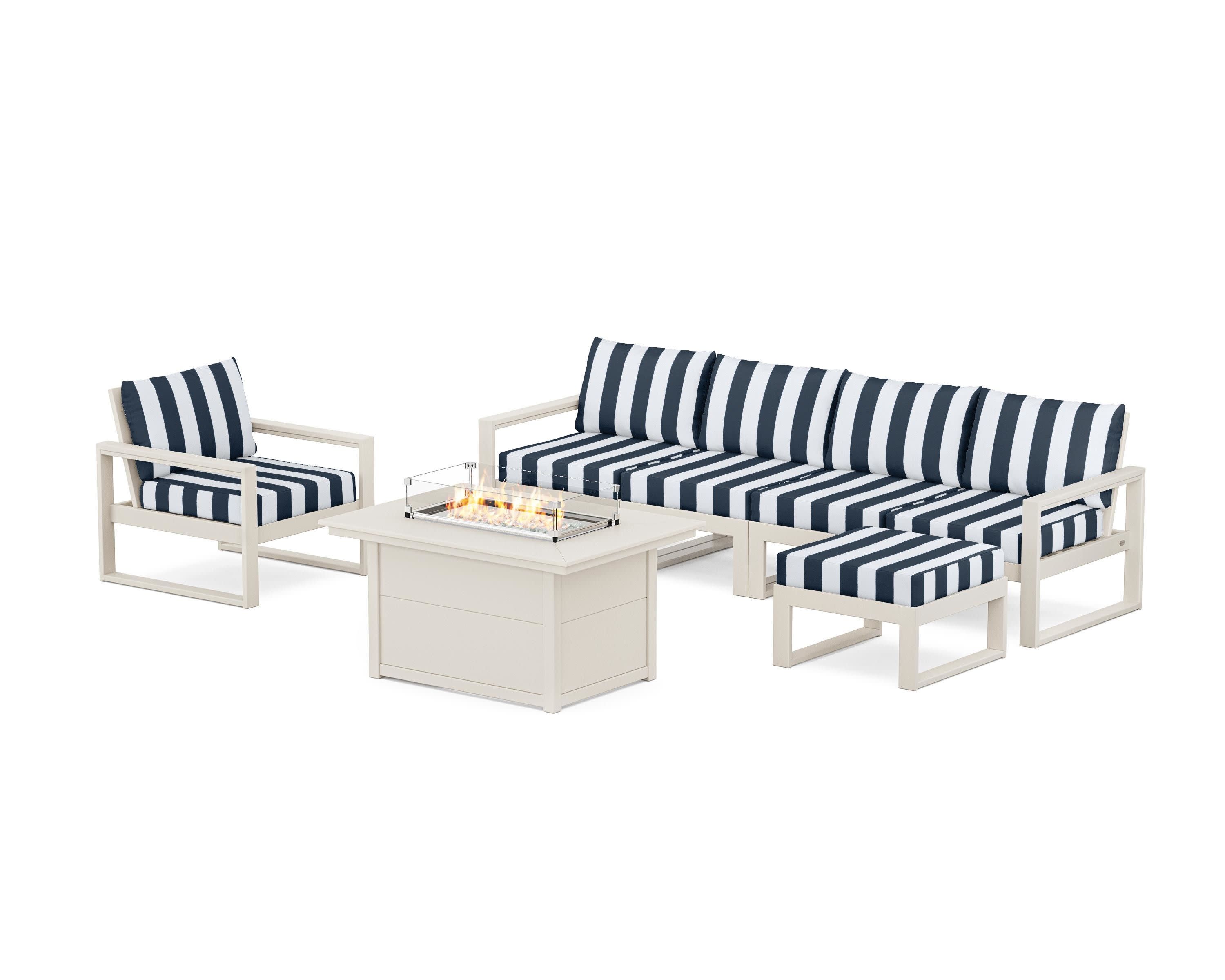 EDGE Sectional Lounge and Fire Pit Set in Sand / Cabana Stripe Marine Indigo