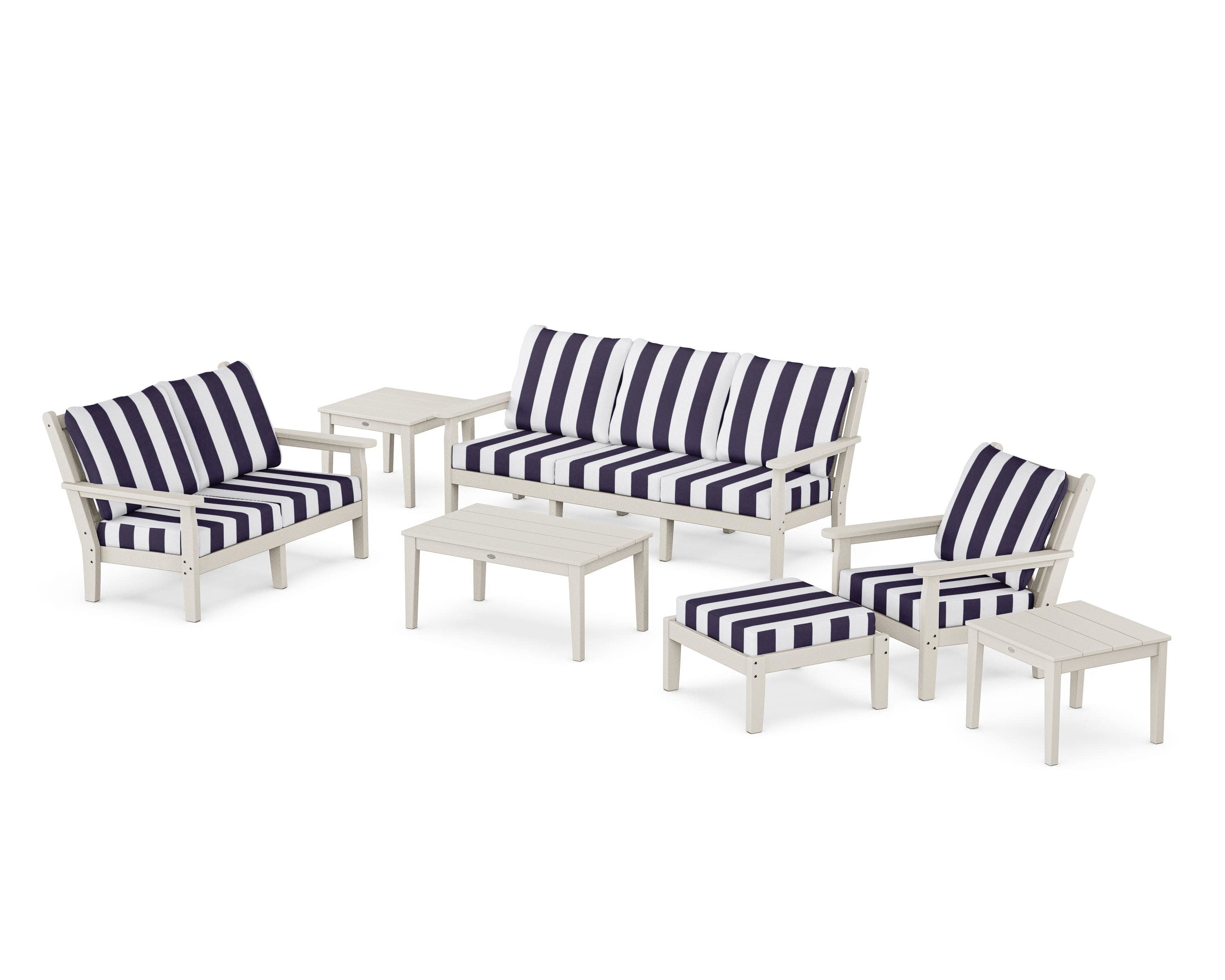 Chippendale 7-Piece Deep Seating Set in Sand / Cabana Stripe Navy