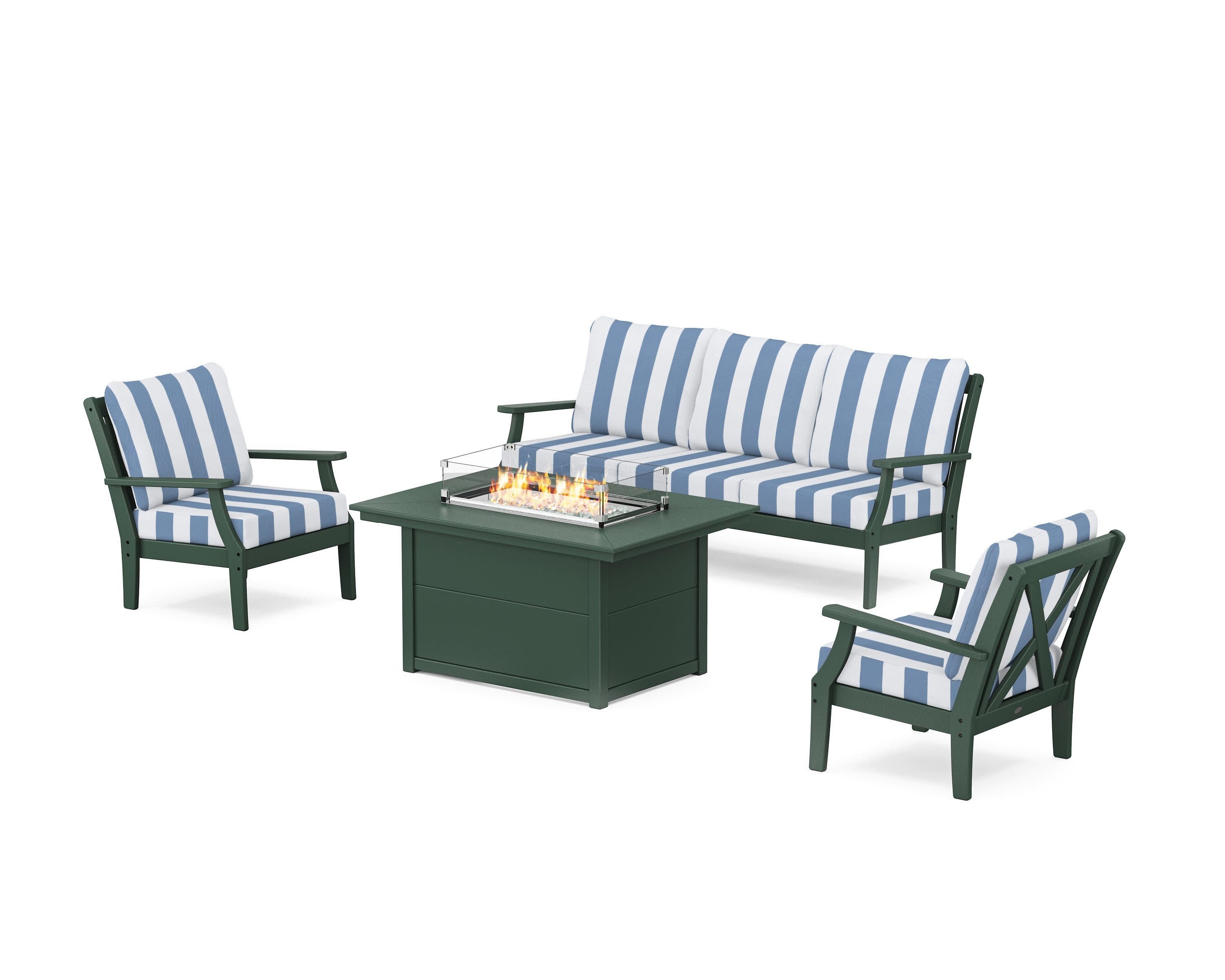 Braxton Deep Seating Fire Pit Table Set in Green / Cabana Stripe Sky Blue