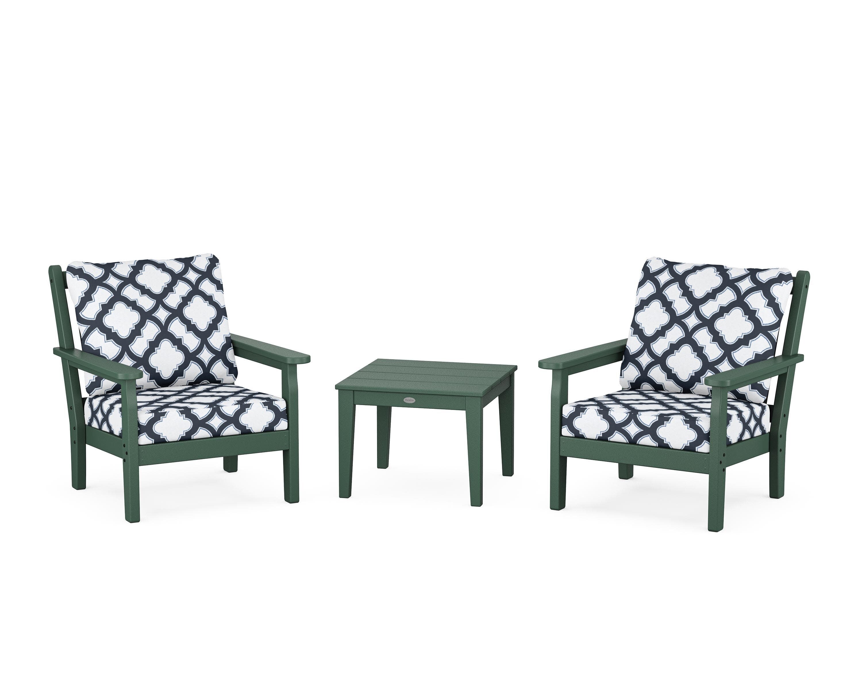 Chippendale 3-Piece Deep Seating Set in Green / Trellis Marine Indigo
