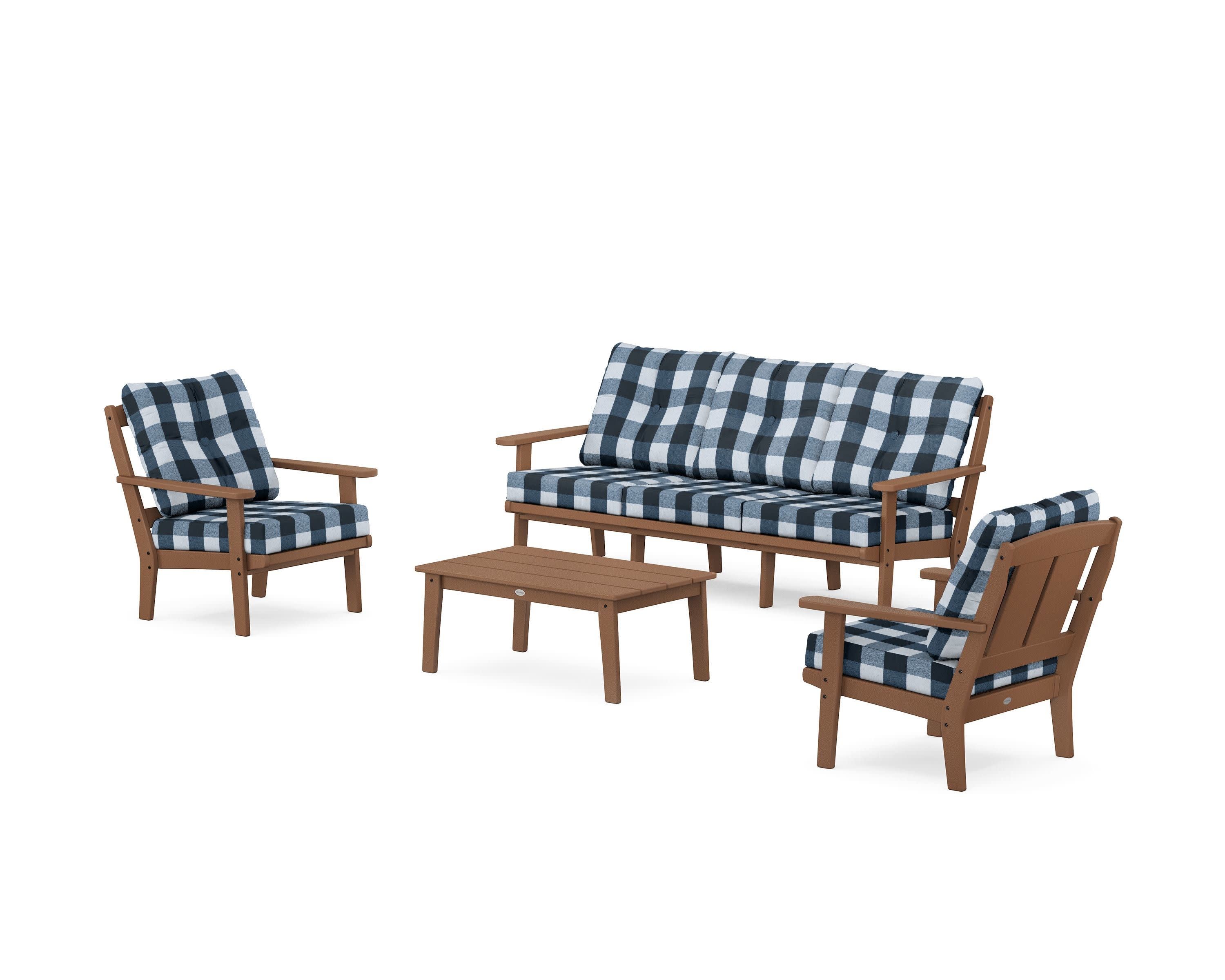 Mission 4-Piece Deep Seating Set with Sofa in Teak / Buffalo Plaid Marine Indigo