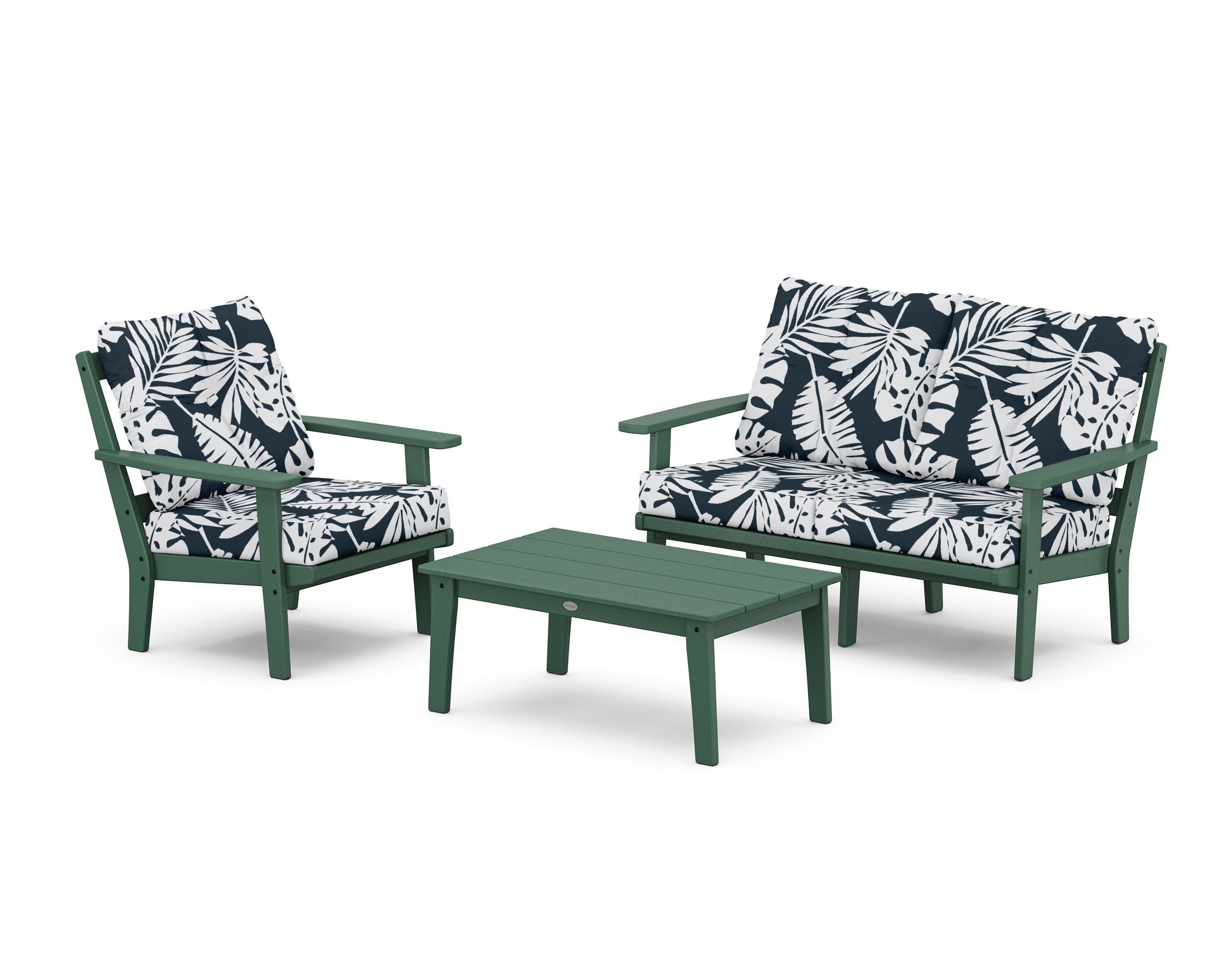 Oxford 3-Piece Deep Seating Set with Loveseat in Green / Leaf Marine Indigo