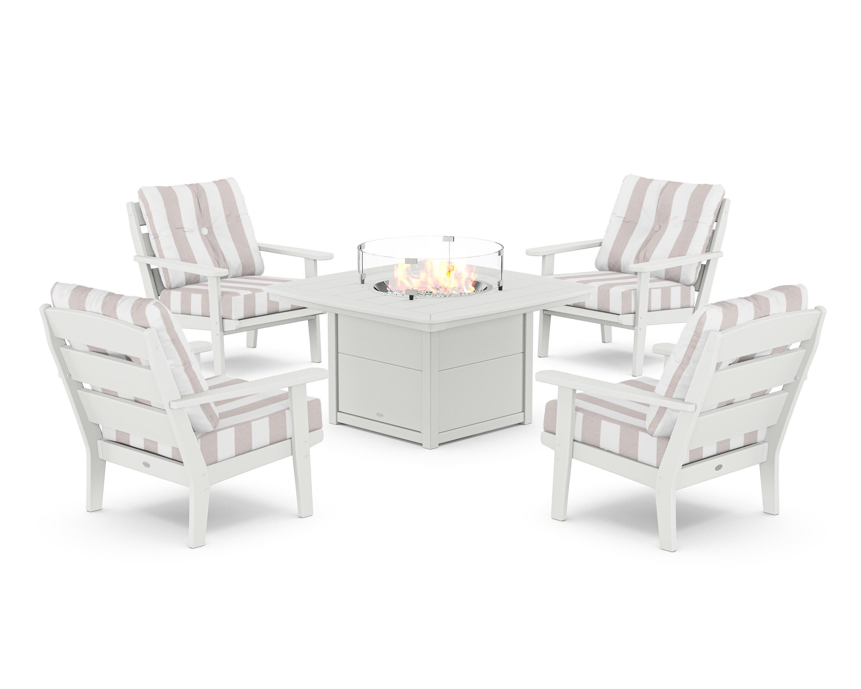 Lakeside 5-Piece Deep Seating Set with Nautical Fire Pit Table in White / Cabana Stripe Dune Burlap