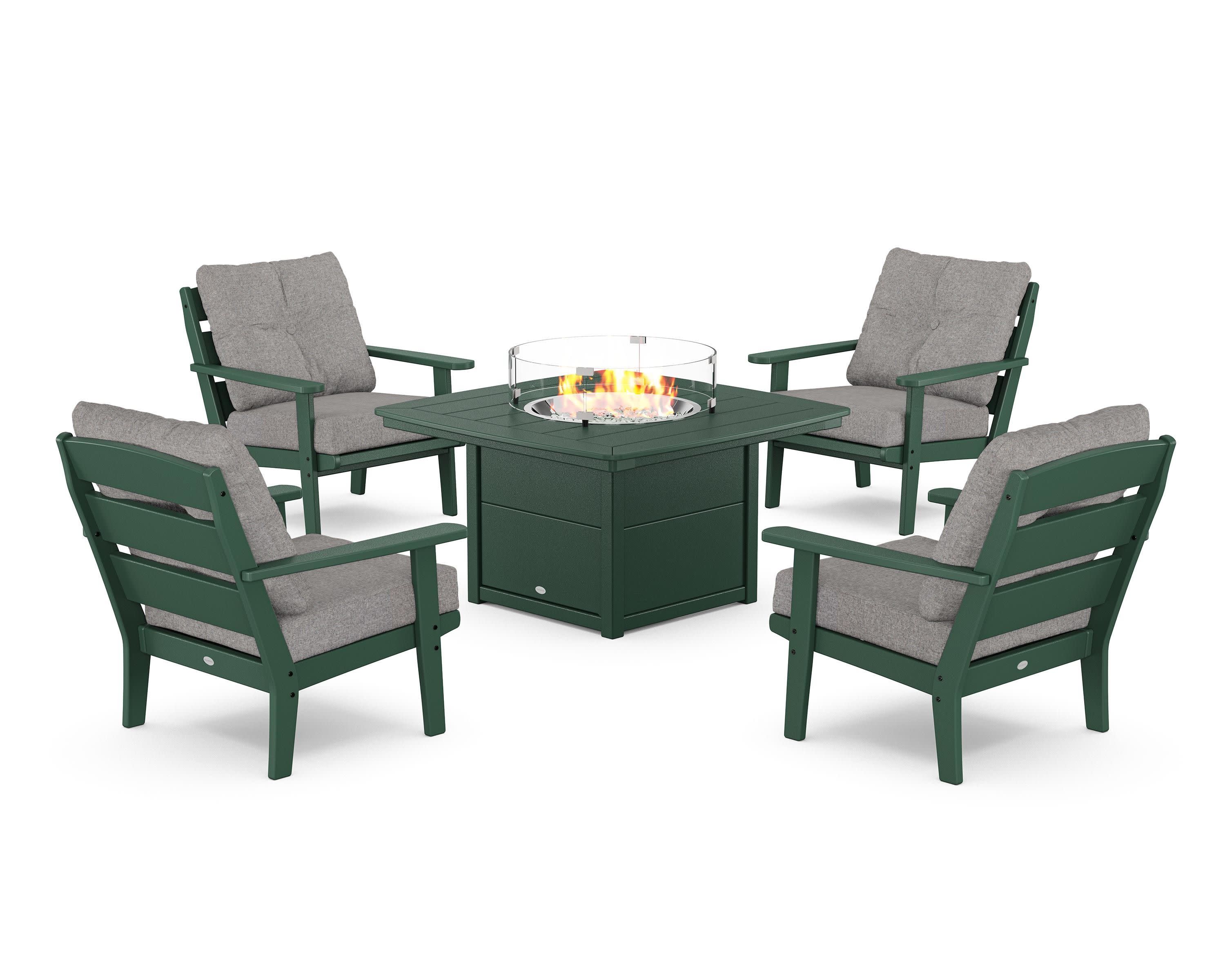 Lakeside 5-Piece Deep Seating Set with Nautical Fire Pit Table in Green / Grey Mist