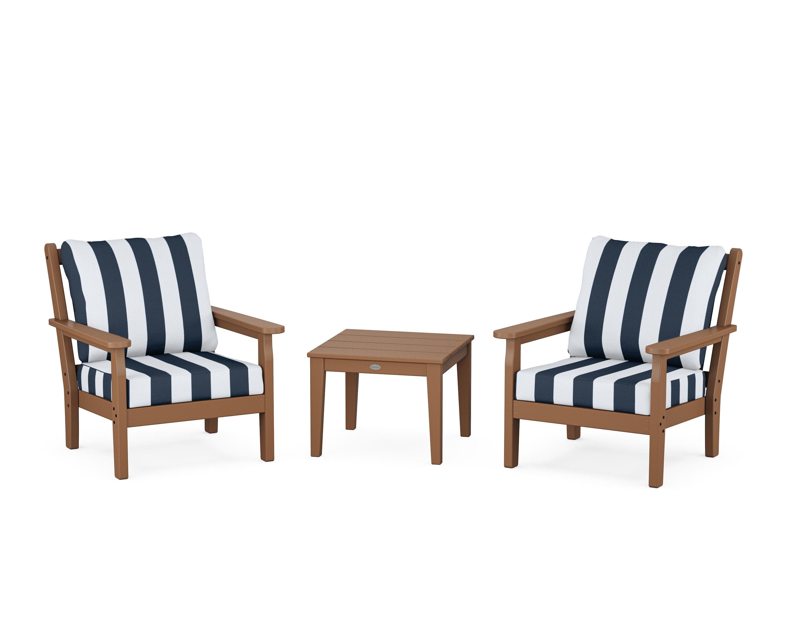 Chippendale 3-Piece Deep Seating Set in Teak / Cabana Stripe Marine Indigo