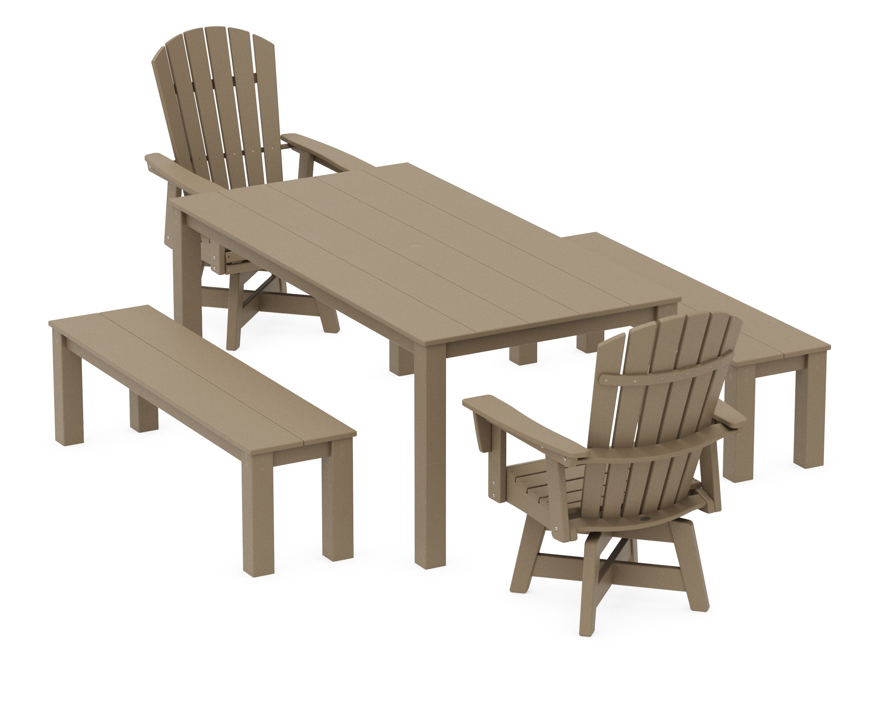 Nautical Curveback Adirondack Swivel 5-Piece Parsons Dining Set with Benches in Vintage Sahara