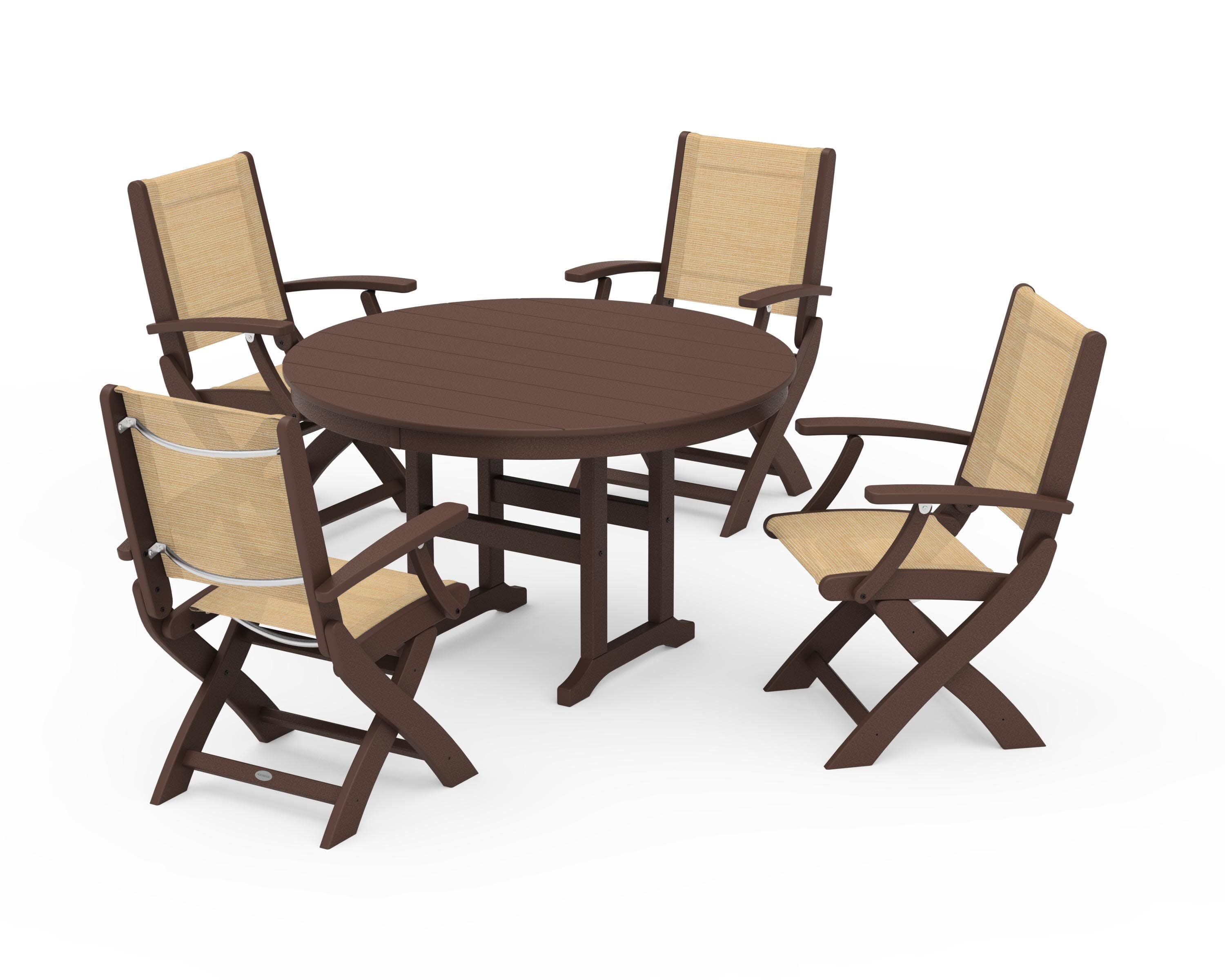 Coastal Folding Chair 5-Piece Round Dining Set in Mahogany / Dupioni Apricot Sling