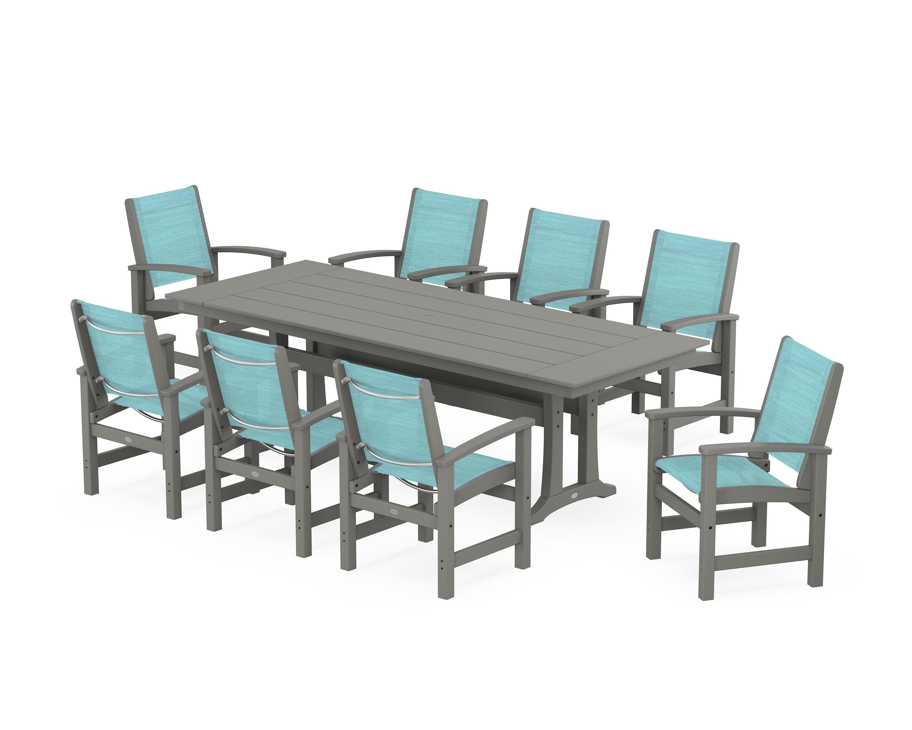 Coastal 9-Piece Farmhouse Dining Set with Trestle Legs in Slate Grey / Dupioni Aquamarine Sling
