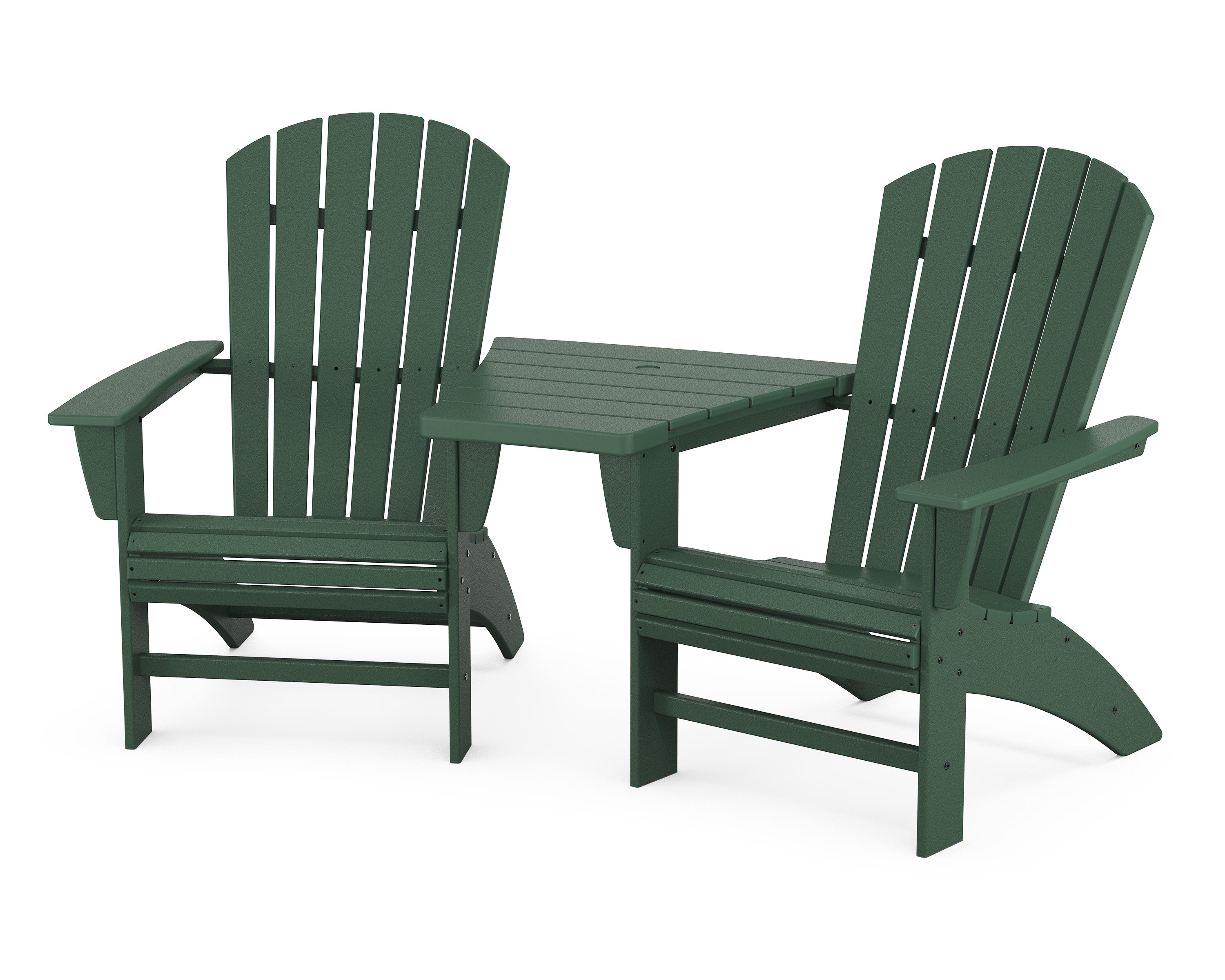 Nautical 3-Piece Curveback Adirondack Set with Angled Connecting Table in Green